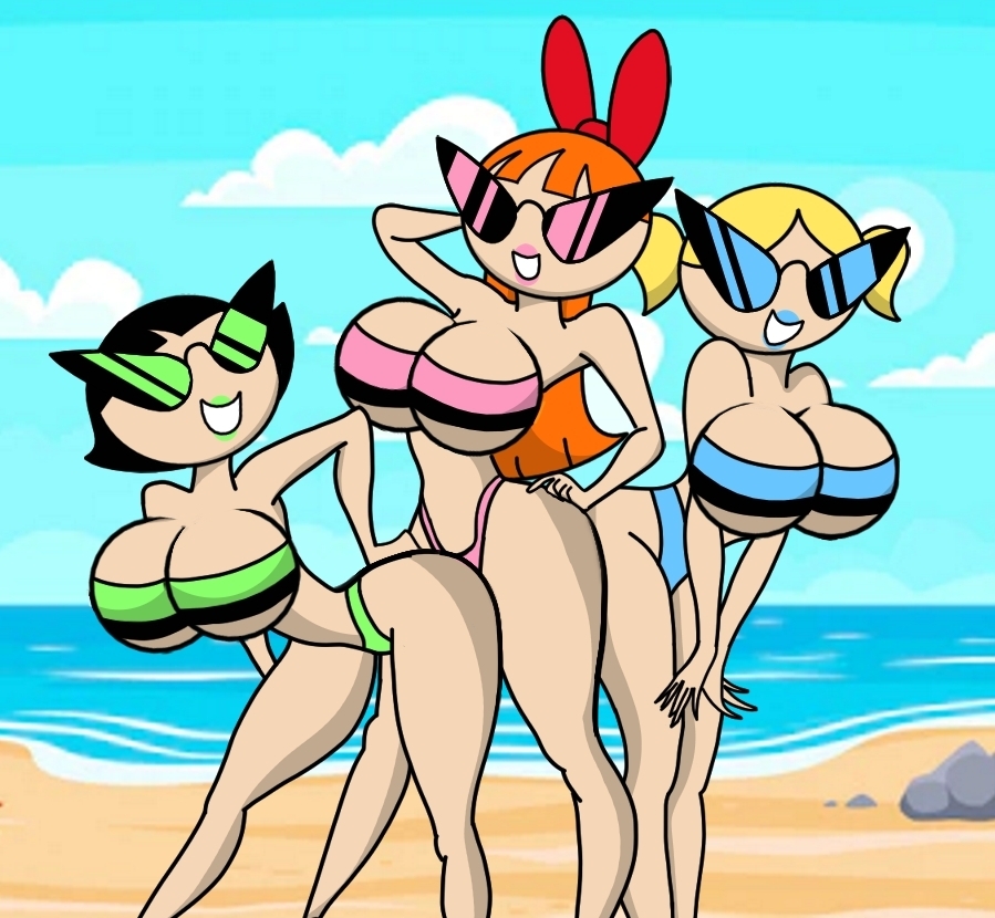 armpits bikini bimbofication blossom_(powerpuff_girls) bubbles_(powerpuff_girls) buttercup_(powerpuff_girls) doll dollification female huge_ass huge_breasts implied_transformation knick_knack permanent_smile powerpuff_girls sunglasses sunnification takeover thick_thighs transformation