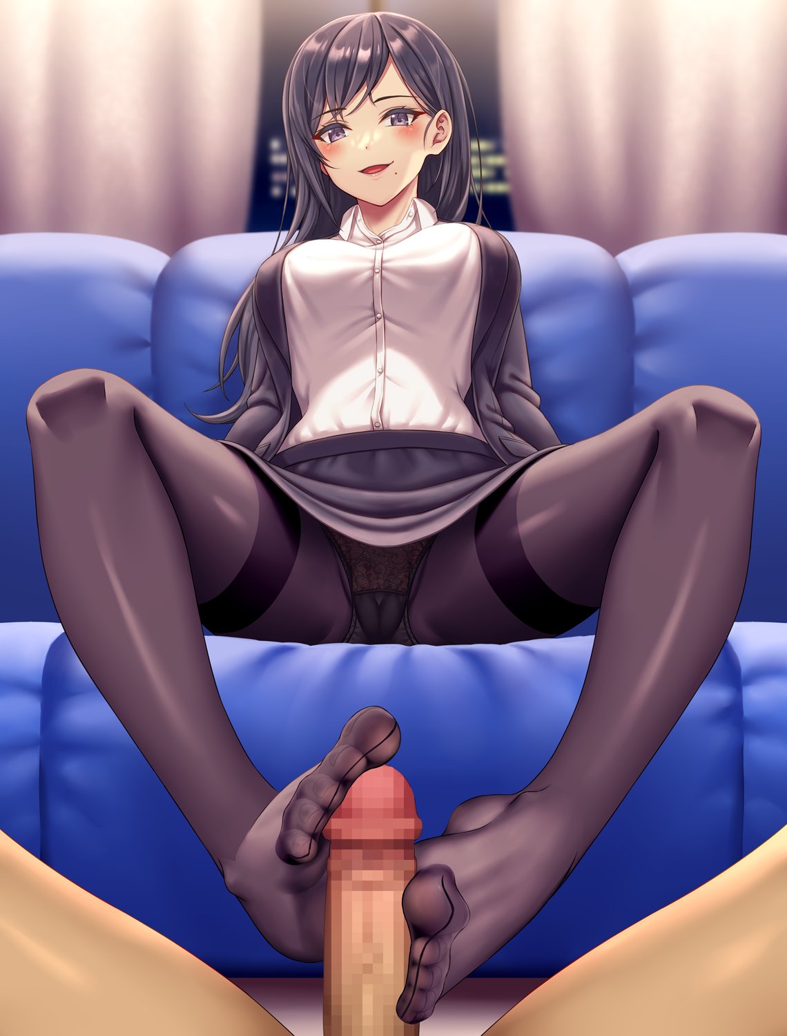 asisuki black_hair cameltoe censored couch feet female footjob footjob_with_legwear light_blush long_hair looking_at_viewer office_lady open_mouth original panties panties_under_pantyhose pantyhose pantyshot soles toes underwear