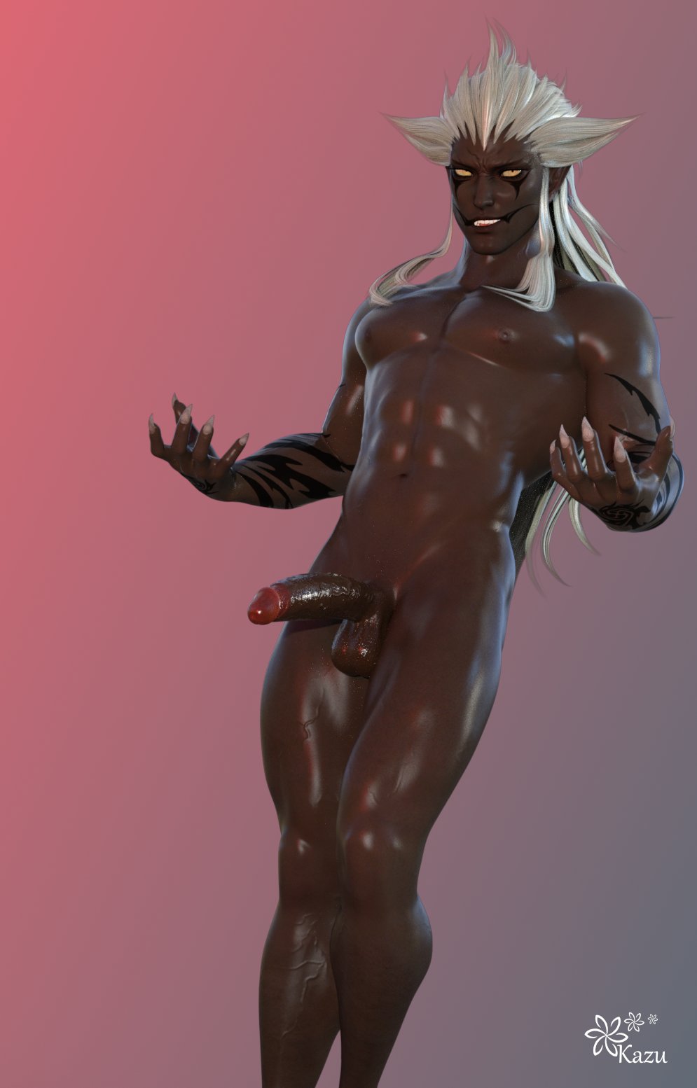 1boy 1demon 1male 3d 3d_(artwork) 3d_model bleached_blonde_hair character_request copyright_request dark-skinned_male dark_skin demon demon_cock demon_dick demon_humanoid demon_penis erection face_markings kazuworks male male_focus male_only muscles muscular muscular_male solo solo_focus solo_male solo_male tattooed_arm yellow_eyes