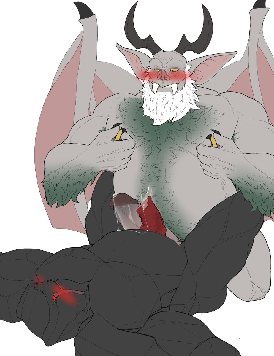 balls bara beard boner erection facial_hair gargoyle gay horns islate_(artist) male male_only muscles muscular nude penis pointy_ears wings