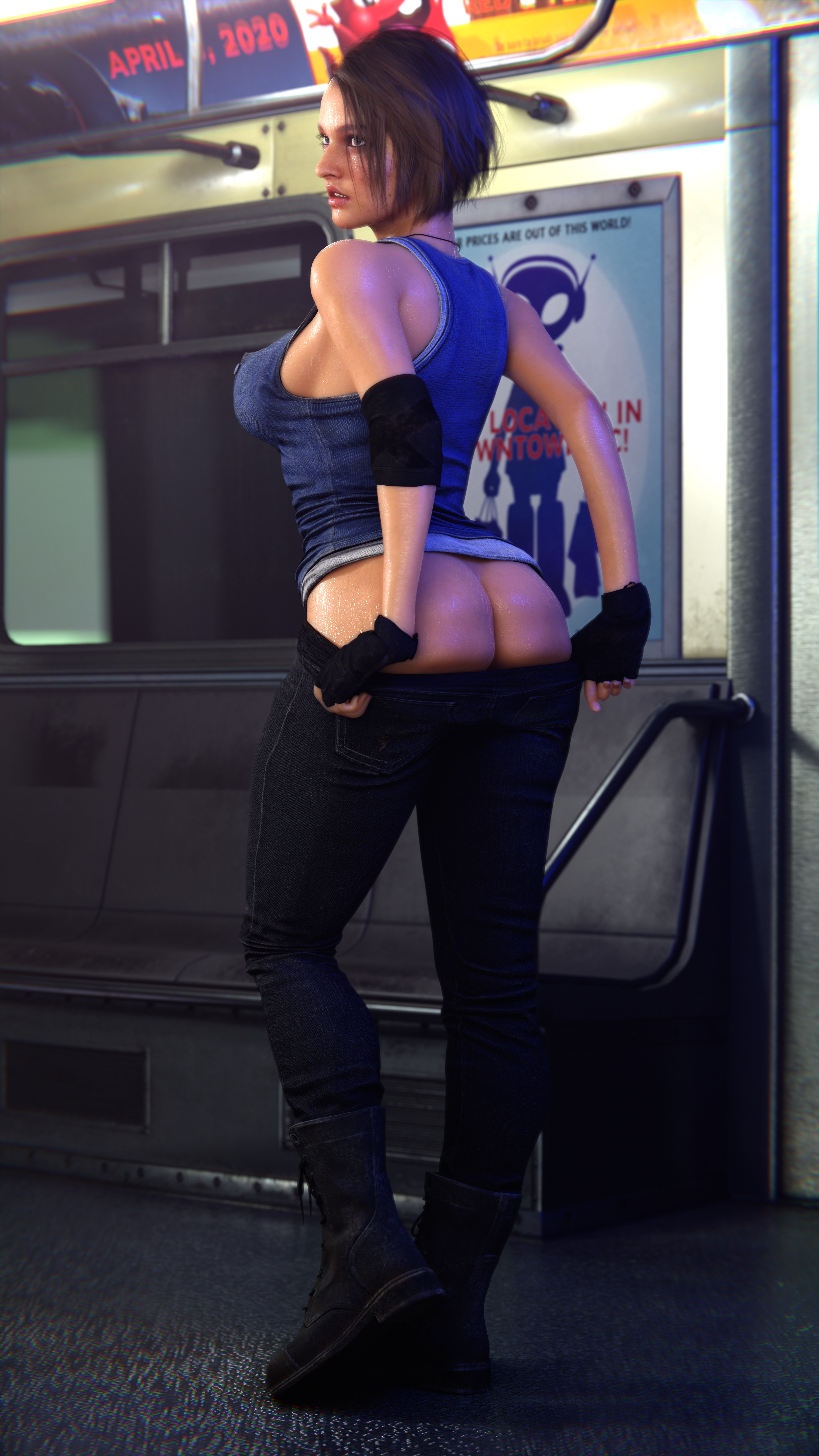 3d, ass, bare shoulders, big ass, big breasts, big butt, blue eyes, breasts, brown hair, bubble ass, bubble butt, capcom, female, female focus, female only, full body, high resolution, highres, jeans, jill valentine, jill valentine (sasha zotova), large breasts, no eyewear, pose, posing, resident evil, resident evil 3, resident evil 3 remake, short hair, sideboob, solo, standing, strauzek, tank top, undressing