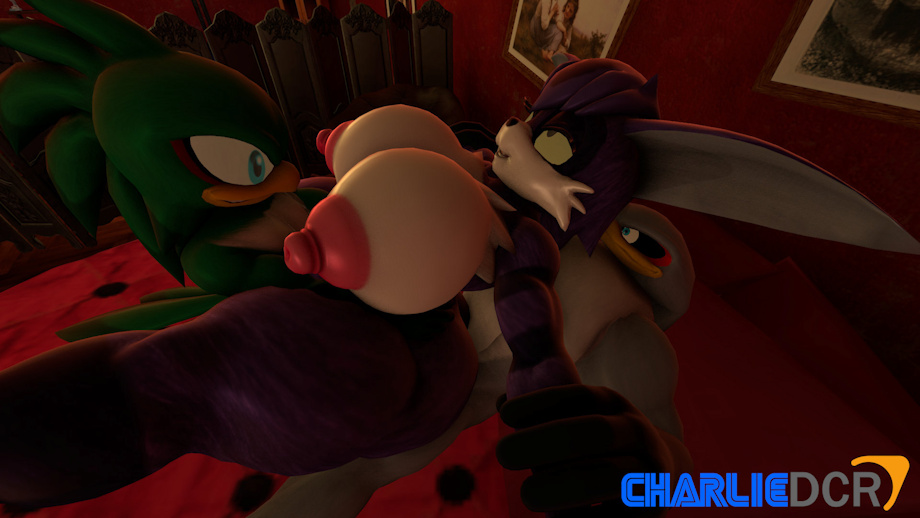 3d 3d_(artwork) albatross anthro anthro_on_anthro avian beak big_the_cat bird blue_eyes breasts charliedcr domestic_cat green_body green_feathers grey_body grey_feathers hair hawk jet_the_hawk male/female purple_body purple_hair rule_63 sex smile sonic_(series) storm_the_albatross white_body white_fur