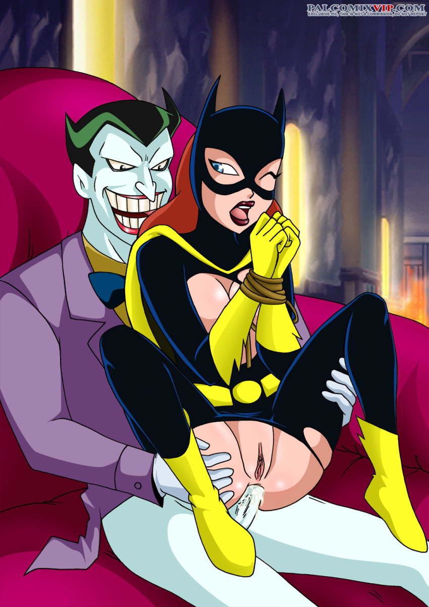 1boy anal barbara_gordon batgirl batman_(series) bondage breasts cowgirl_position dc dc_comics female joker male nipples palcomix palcomix_vip reverse_cowgirl_position sex tagme the_joker torn_clothes