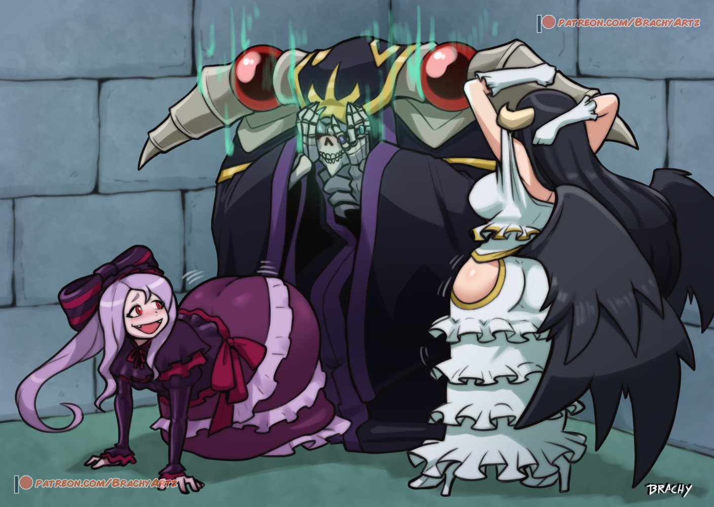 1boy, 2026, 2girls, ainz ooal gown, albedo (overlord), all fours, arms behind head, artist name, ass, back, back view, big ass, black hair, blush, brachyzoid, breasts, clothed, clothing, color, colored, digital media (artwork), female, ffm, full body, fully clothed, hair, hi res, horns, huge ass, long hair, male, male/female, overlord (maruyama), patreon username, purple hair, red eyes, reference, reference image, shalltear bloodfallen, skeleton, smithers scared of strippers, wings