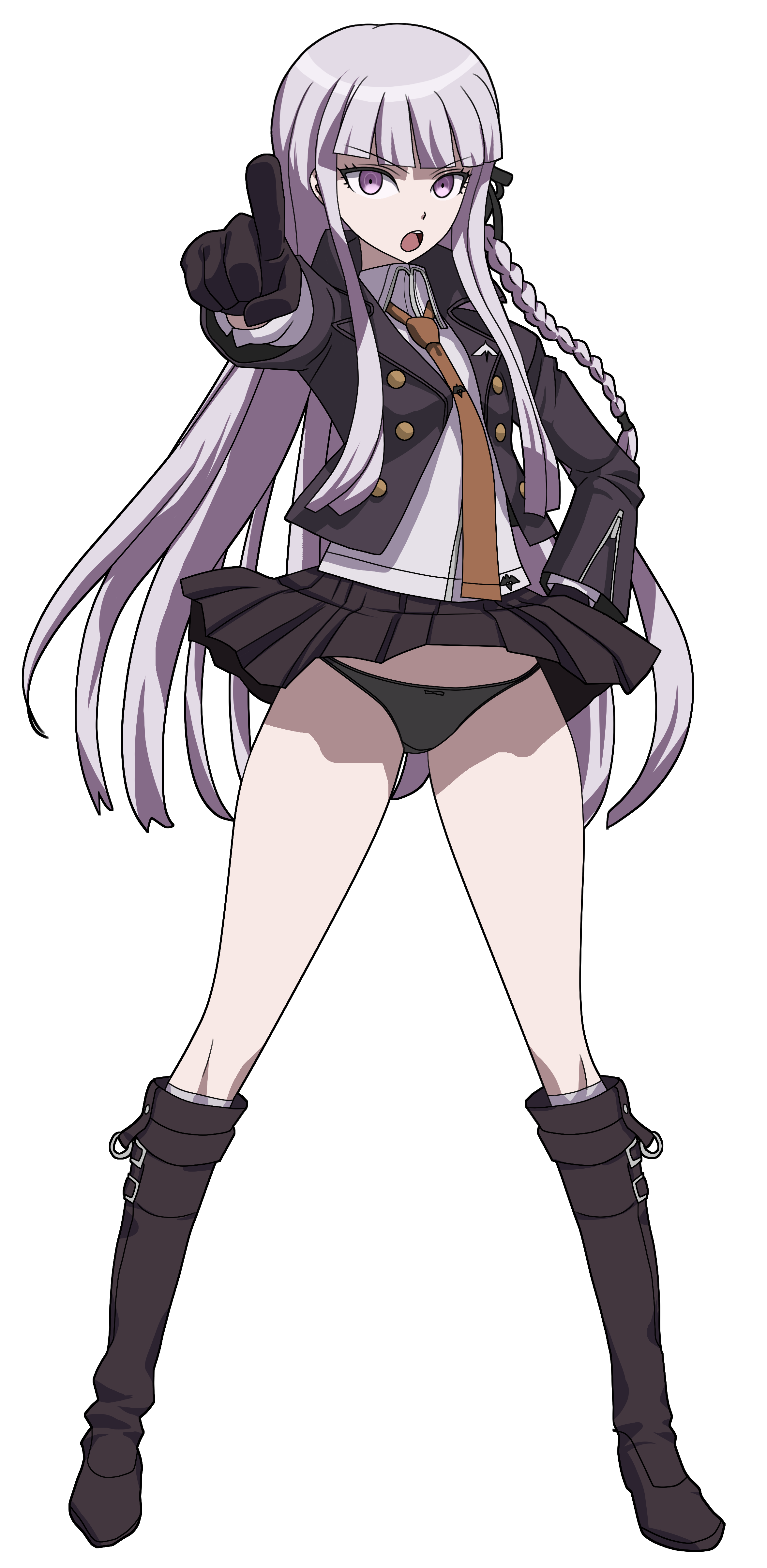 1girls, alternate version available, artist request, black panties, boots, bow panties, danganronpa, danganronpa: trigger happy havoc, female, female only, kirigiri kyoko, lavender hair, long hair, miniskirt, panties, pointing, purple eyes, sole female, standing, tagme, underwear
