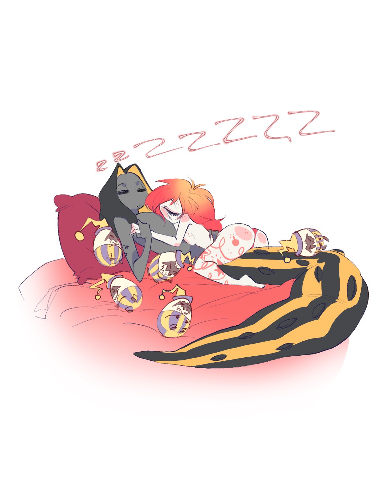 after sex, cherri bomb (hazbin hotel), cherrisnake, cute, egg bois (hazbin hotel), hazbin hotel, sir pentious (hazbin hotel), sleeping, wholesome