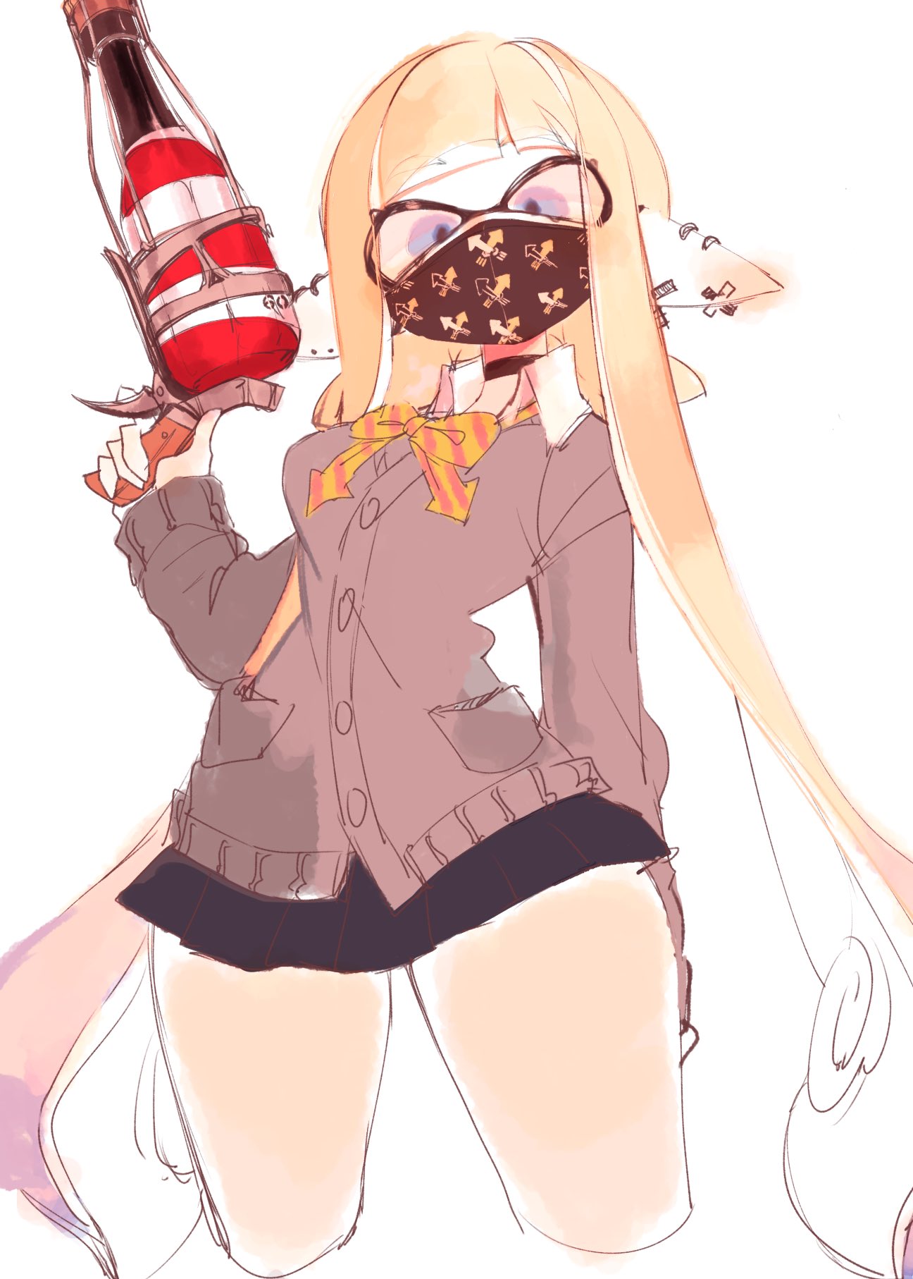 blonde hair, female, female only, long hair, masked, masked female, nintendo, purple eyes, skirt, splatoon, splatoon (series), thighs, usa37107692