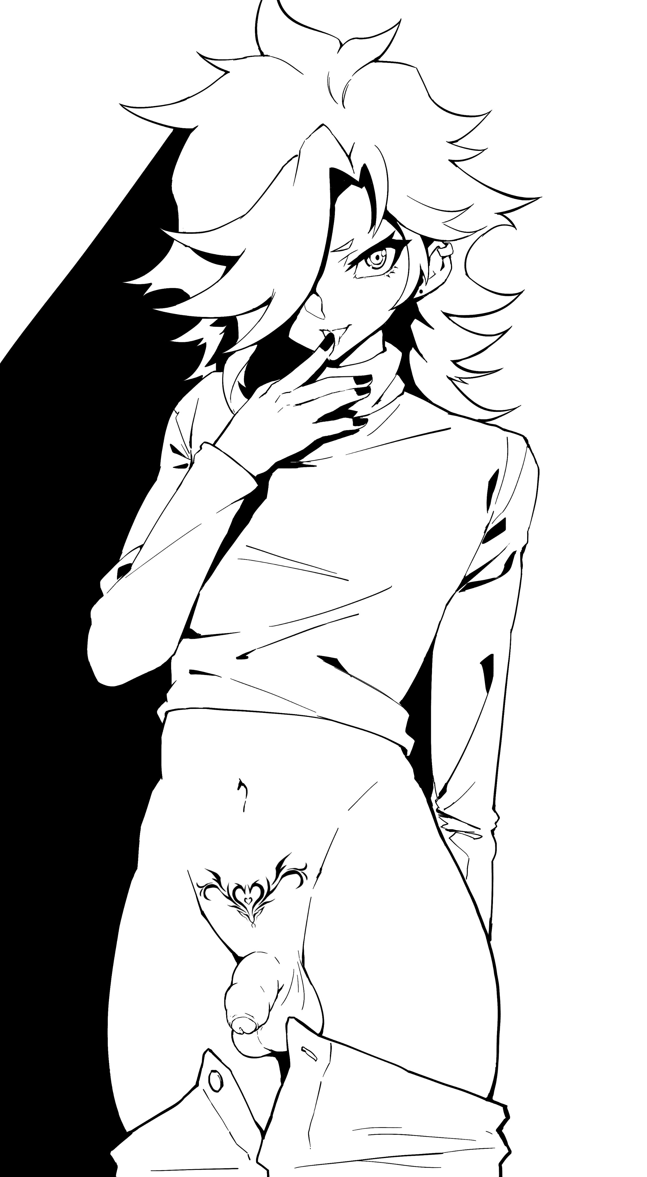 1boy, androgynous, balls, bottomless, curvy, curvy body, curvy figure, curvy hips, curvy thighs, femboy, feminine male, flaccid, flaccid penis, foreskin, hips, light skin, light-skinned male, looking at viewer, male, male only, morinosuke, original, pale skin, pale-skinned male, penis, pose, posing, pubic tattoo, red eyes, sissy, small penis, solo, tattoo, thighs, trap, uncircumcised, wide hips