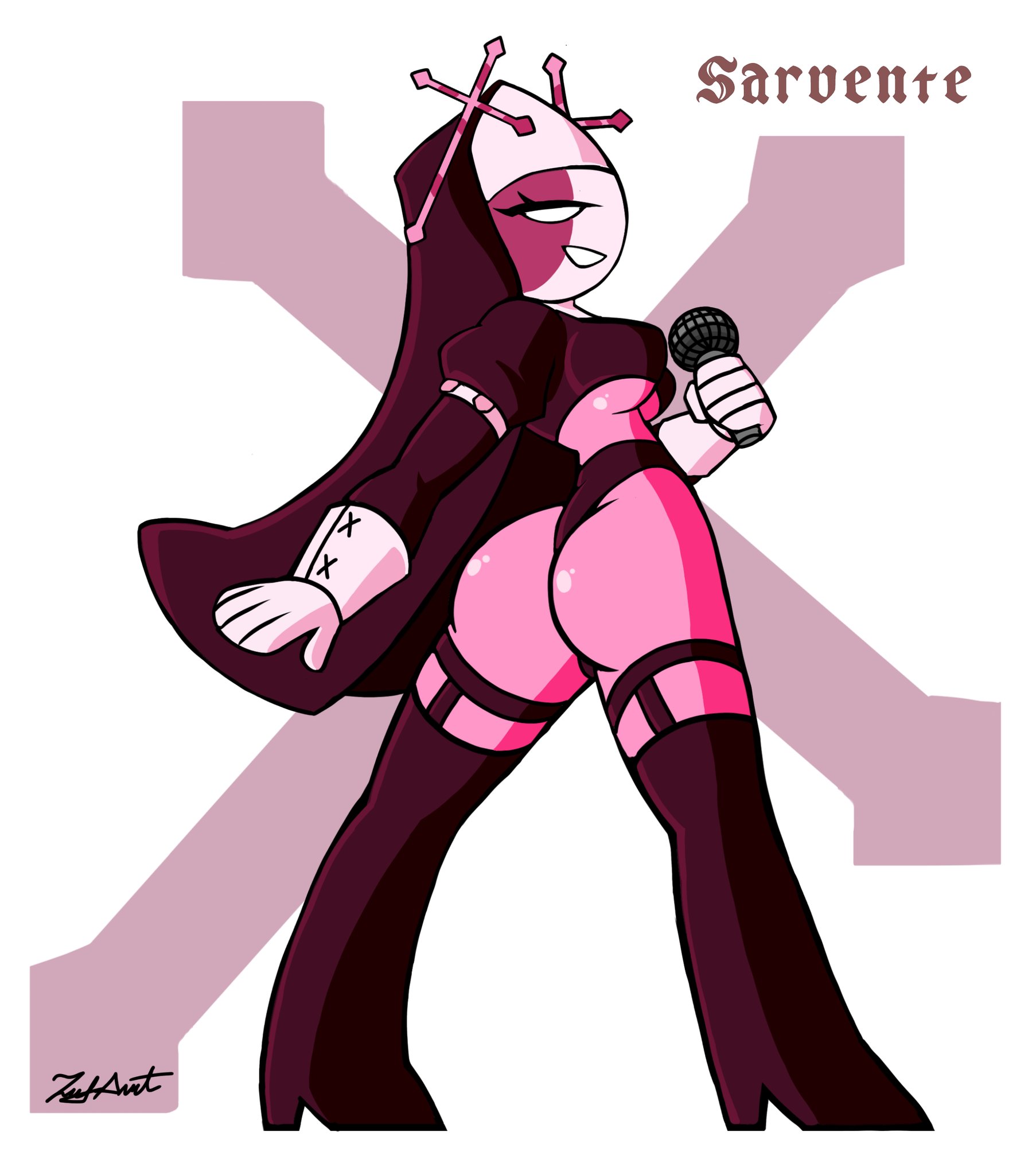 1girls, ass, breasts, eye contact, female, female only, friday night funkin, high heel boots, looking at viewer, mid-fight masses, nun, nun's habit, sarvente (dokki.doodlez), sideboob, thick thighs, thighhighs, zeusart