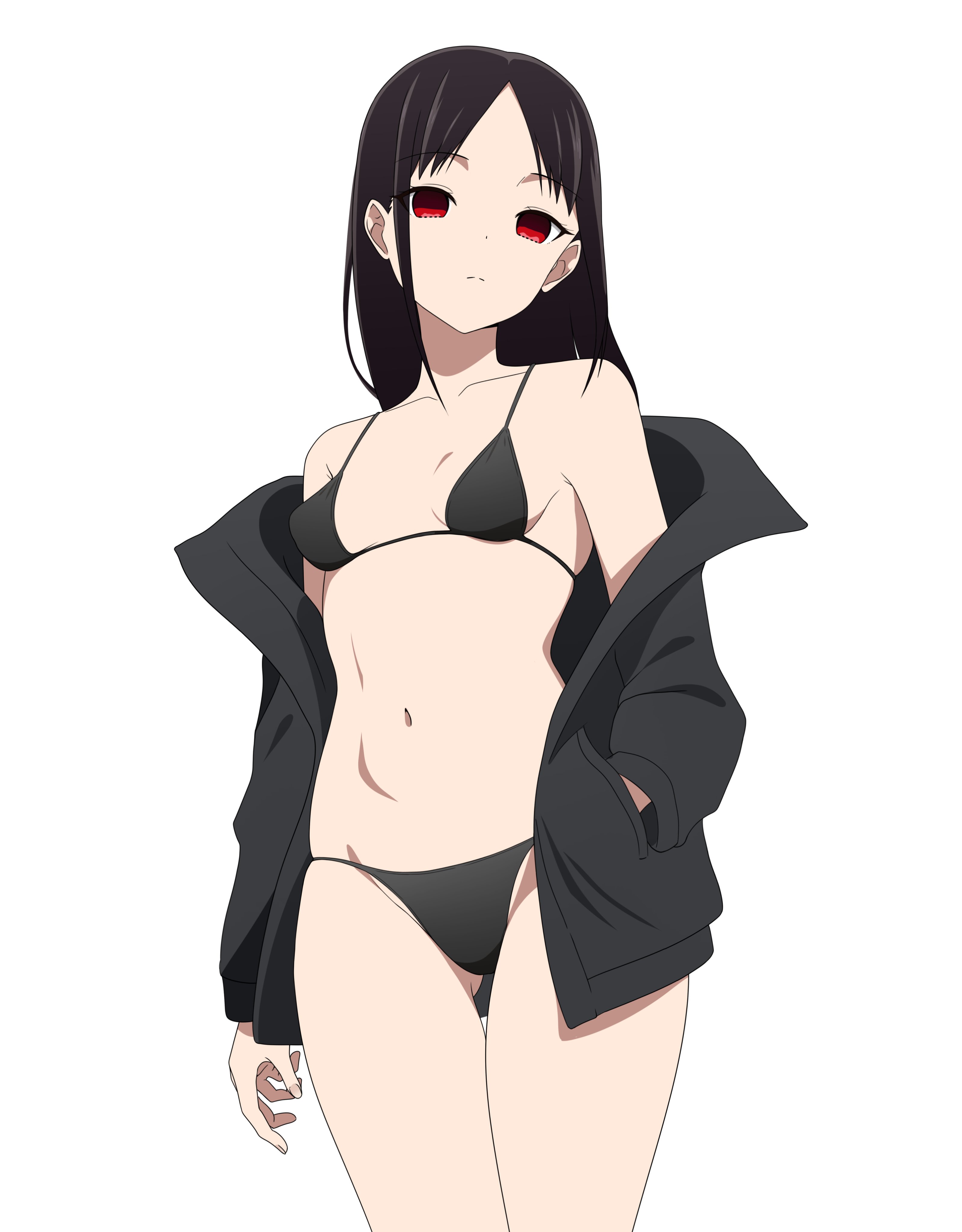 1girls, absurd res, absurdres, accurate art style, bare arms, bare legs, bare midriff, bare shoulders, bare thighs, belly, belly bulge, belly button, black bikini, black hair, black jacket, black swimsuit, black swimwear, breasts, collarbone, coro fae, female, female focus, female only, fingers, forehead, groin, hand in pocket, high resolution, highres, jacket, kaguya-sama wa kokurasetai ~tensai-tachi no renai zunousen~, legs, light skin, long hair, navel, nude, off shoulder, official style, petite, petite body, petite breasts, petite female, red eyes, schoolgirl, shinomiya kaguya, sidelocks, simple background, simple shading, slender waist, slim waist, solo, standing, straight hair, string bikini, student, swimwear, teenager, thick thighs, thighs, thin waist, v-line, white background