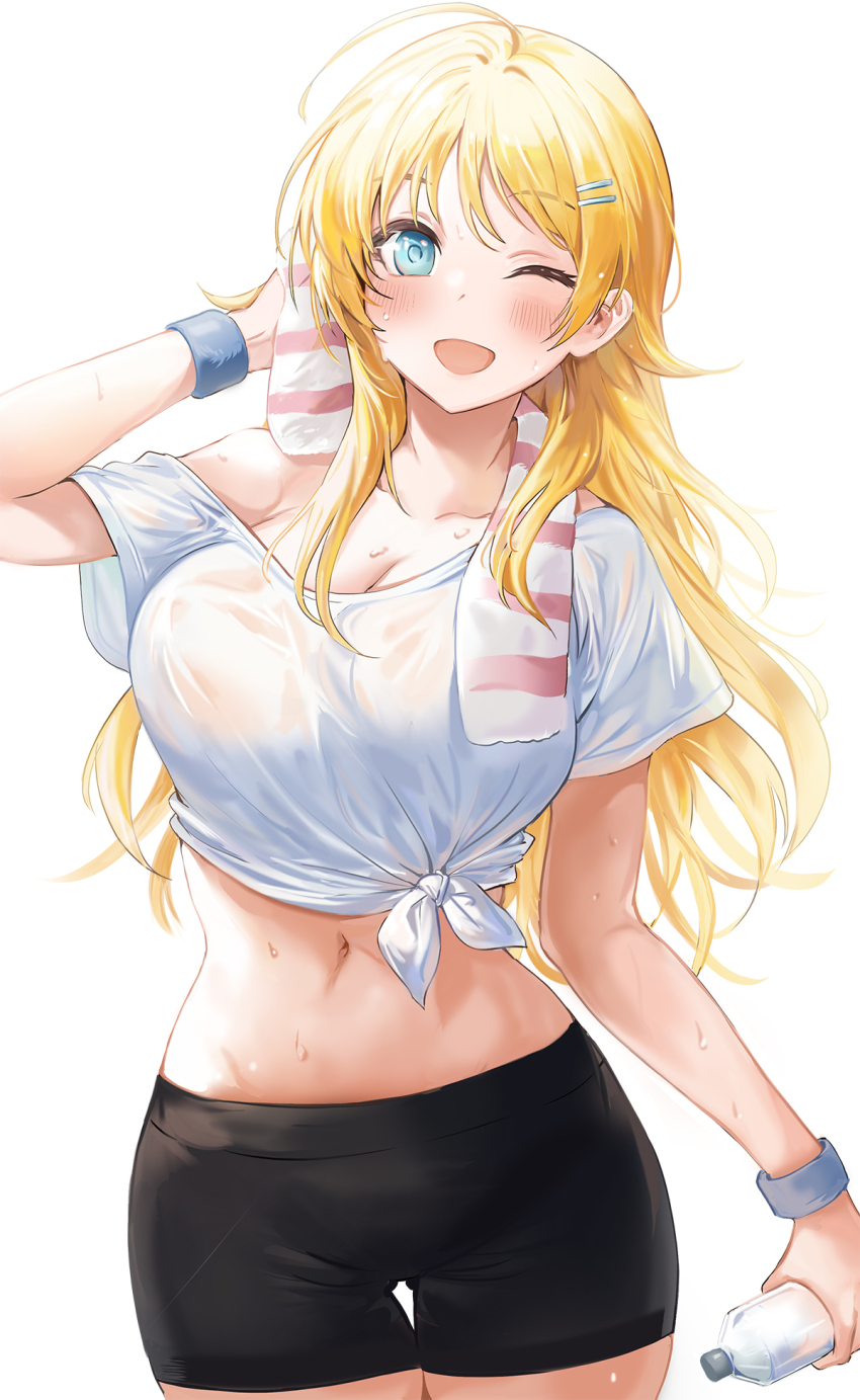 1girls, ahoge, aqua eyes, arm up, artist request, blonde hair, bottle, breasts, collarbone, female, gluteal fold, hachimiya meguru, idolmaster, idolmaster shiny colors, large breasts, looking at viewer, midriff, navel, one eye closed, open mouth, smile, solo, sweat, tied shirt, towel, white shirt
