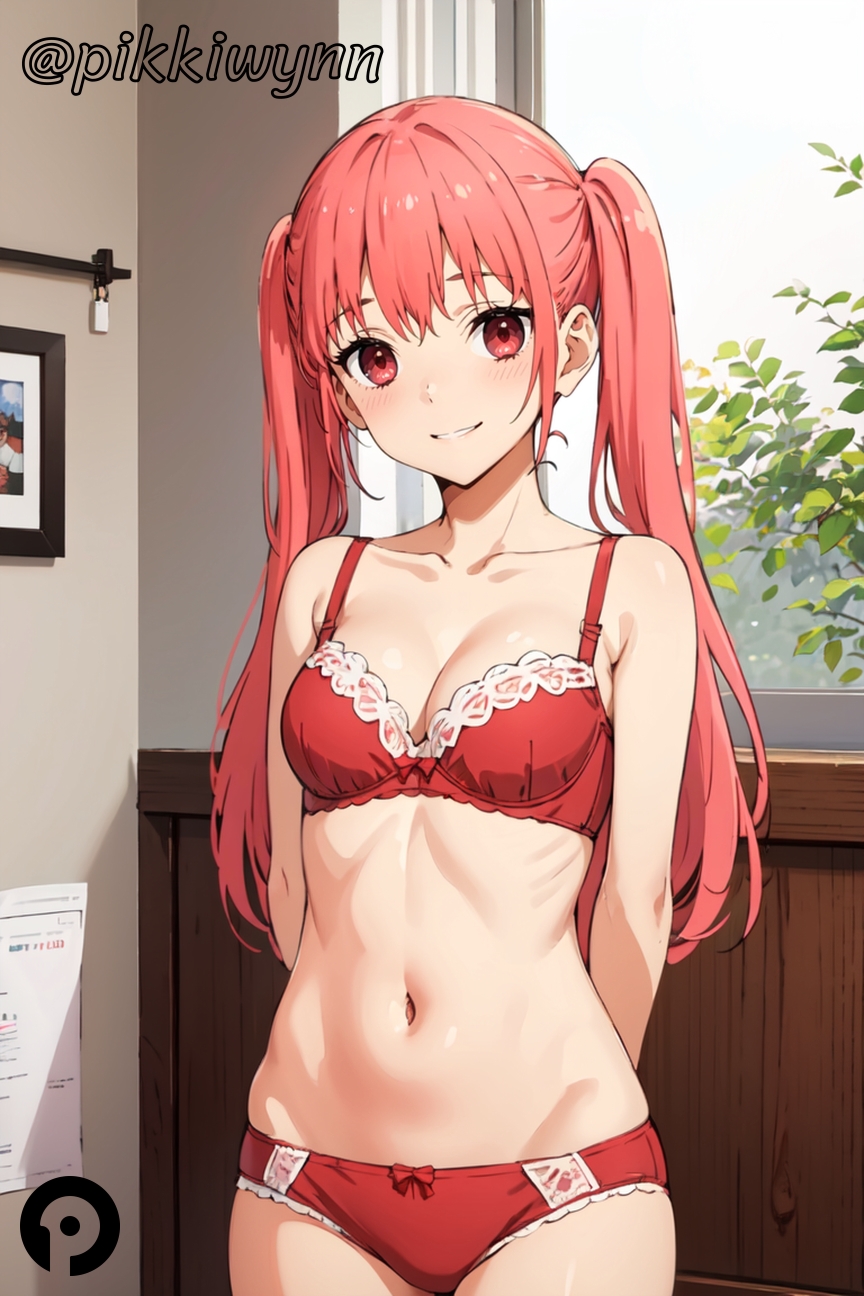 ai_generated arms_behind_back ayasaki_remi bangs bare_shoulders blush bra breasts cleavage collarbone cowboy_shot female hori-san_to_miyamura-kun horimiya indoors long_hair looking_at_viewer medium_breasts navel panties parted_lips pikkiwynn pink_hair red_bra red_eyes red_panties smile solo standing stomach twintails underwear underwear_only