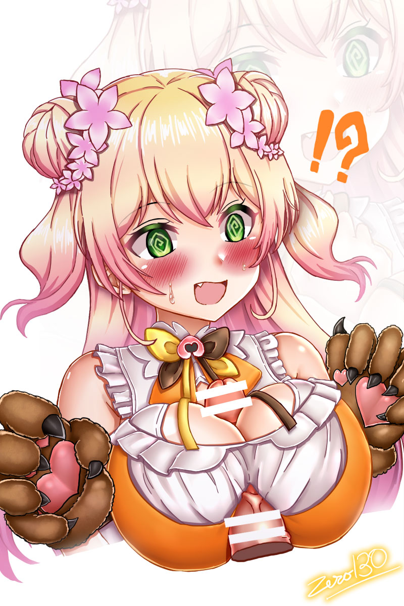 !? 1boy 1girls @_@ artist_name bangs bar_censor bare_shoulders bear_paws between_breasts blonde_hair blush breasts censored double_bun eyebrows_visible_through_hair female flower frills gloves green_eyes hair_between_eyes hair_flower hair_ornament highres hololive hololive_gen_5 hololive_japan large_breasts light-skinned_female light-skinned_male light_skin momosuzu_nene oerba_yun_fang open_mouth paizuri paw_gloves penis two_side_up virtual_youtuber zero130_(zero130rider/zero13010)