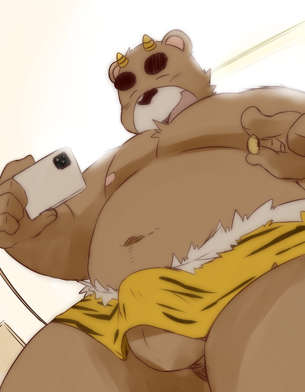 2024 anthro balls bear belly brown_body bulge cellphone closed_eyes clothing electronics genitals hi_res inu_to_kuma inuryu kemono male mammal moobs navel overweight overweight_male phone setsubun smartphone solo tomobiki_subaru underwear