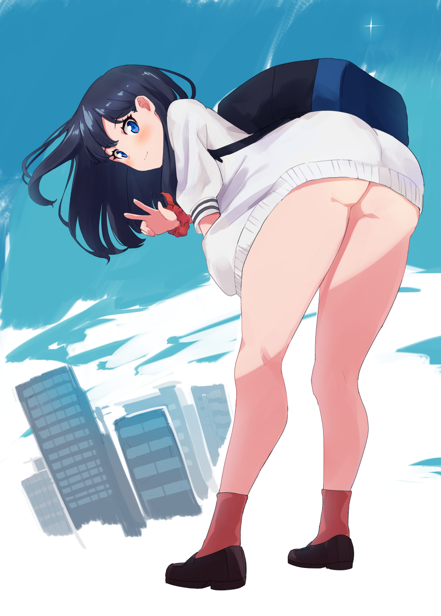 ass, ass crack, bag, blue eyes, blue hair, blush, butt crack, female, from behind, huge ass, long hair, looking at viewer, no eyewear, outdoors, schoolgirl, ssss.gridman, takarada rikka, unknown artist
