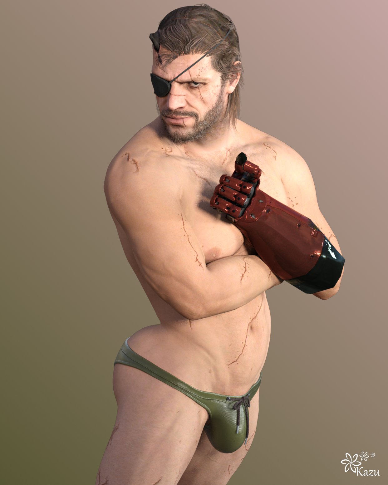 1boy 1human 3d 3d_model artist_logo artist_name beard big_boss bulge bulge_through_clothing eye_patch eyepatch facial_hair facial_scar green_underwear human kazuworks konami light-skinned_male light_brown_hair light_skin looking_at_viewer male male_nipples male_only male_thong metal_gear_solid moustache muscular no_visible_genitalia penis_bulge red_gauntlets scar_across_eye scars skimpy_bottomwear smooth-skinned_male solo thong underwear