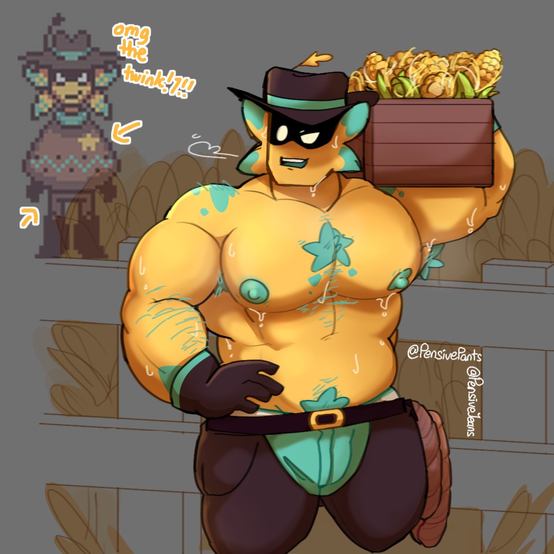 1boy, 2d, armpit hair, bara, chest hair, chubby anthro, gay, hairy armpits, hairy chest, humanoid, male, male focus, male only, nipples, pecs, pectorals, pensivejeans, pubes, pubic hair, shirtless, shirtless male, solo, solo male, starlo (undertale yellow), sweat, sweatdrop, sweating, tagme, topless, topless male, undertale, undertale (series), undertale yellow, underwear, yaoi