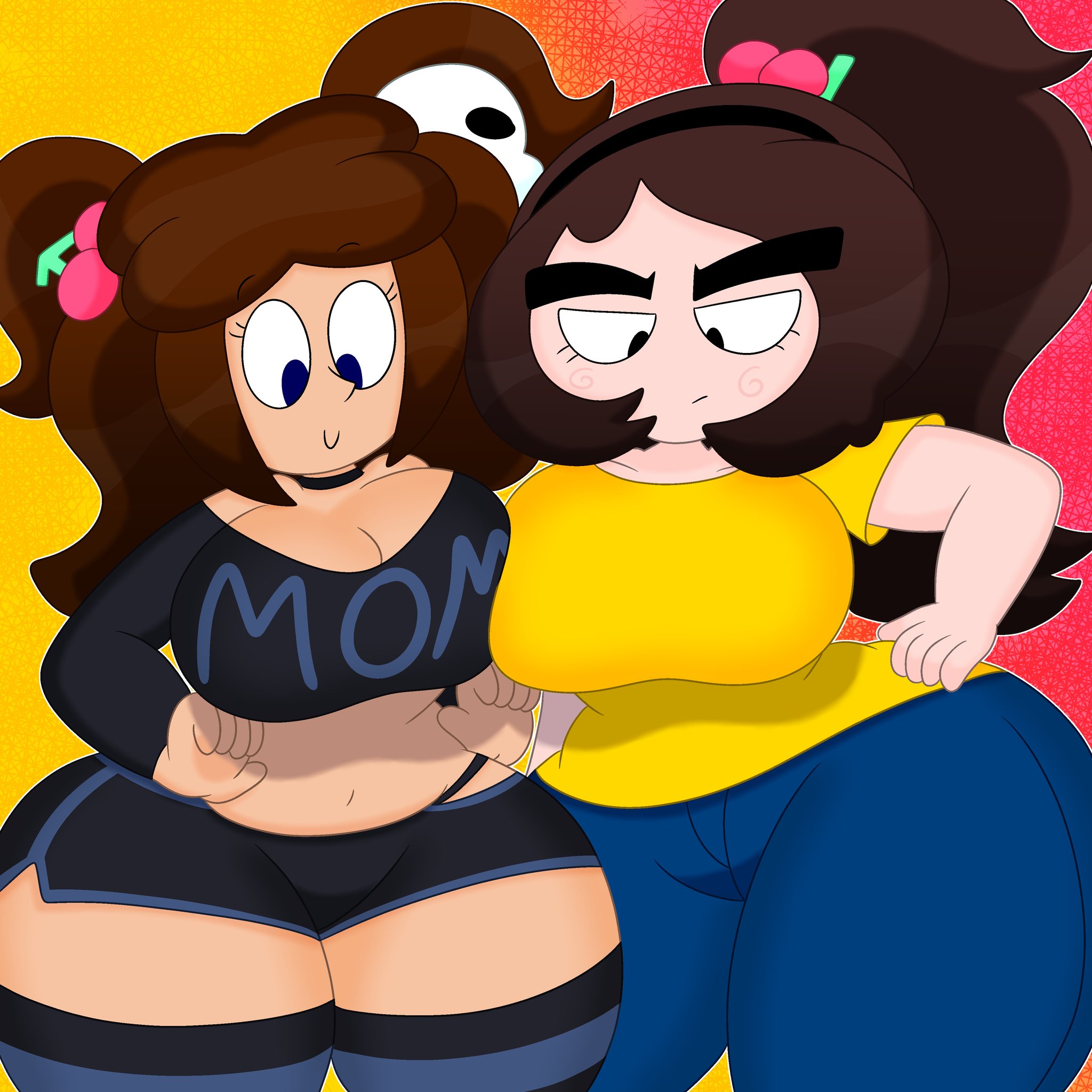 2girls, 3barts, big breasts, big hips, black shirt, blue eyes, breast squish, breasts, brown hair, choker, cleavage, clothing swap, female, femscrub (somescrub), jeans, jess (3barts), legwear, looking at breasts, looking at self, milf, short shorts, side by side, somescrub, striped legwear, tagme, thick thighs, thong, twitter, yellow shirt