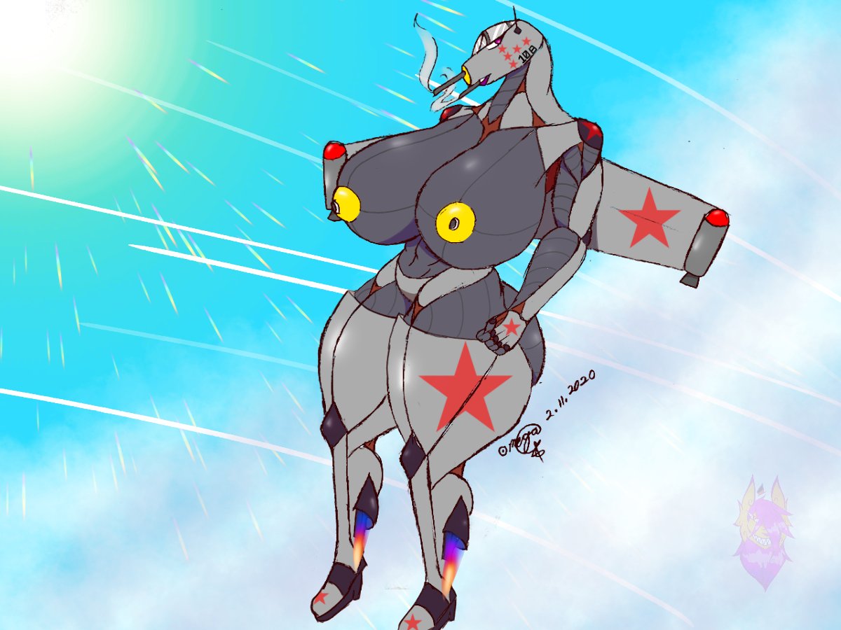 aircraft airplane anthro big_breasts breasts cloud female in_the_air in_the_sky jet_thrusters krasnyy_sadovnik living_aircraft living_machine living_vehicle machine nude omegaterasu_(artist) solo vehicle