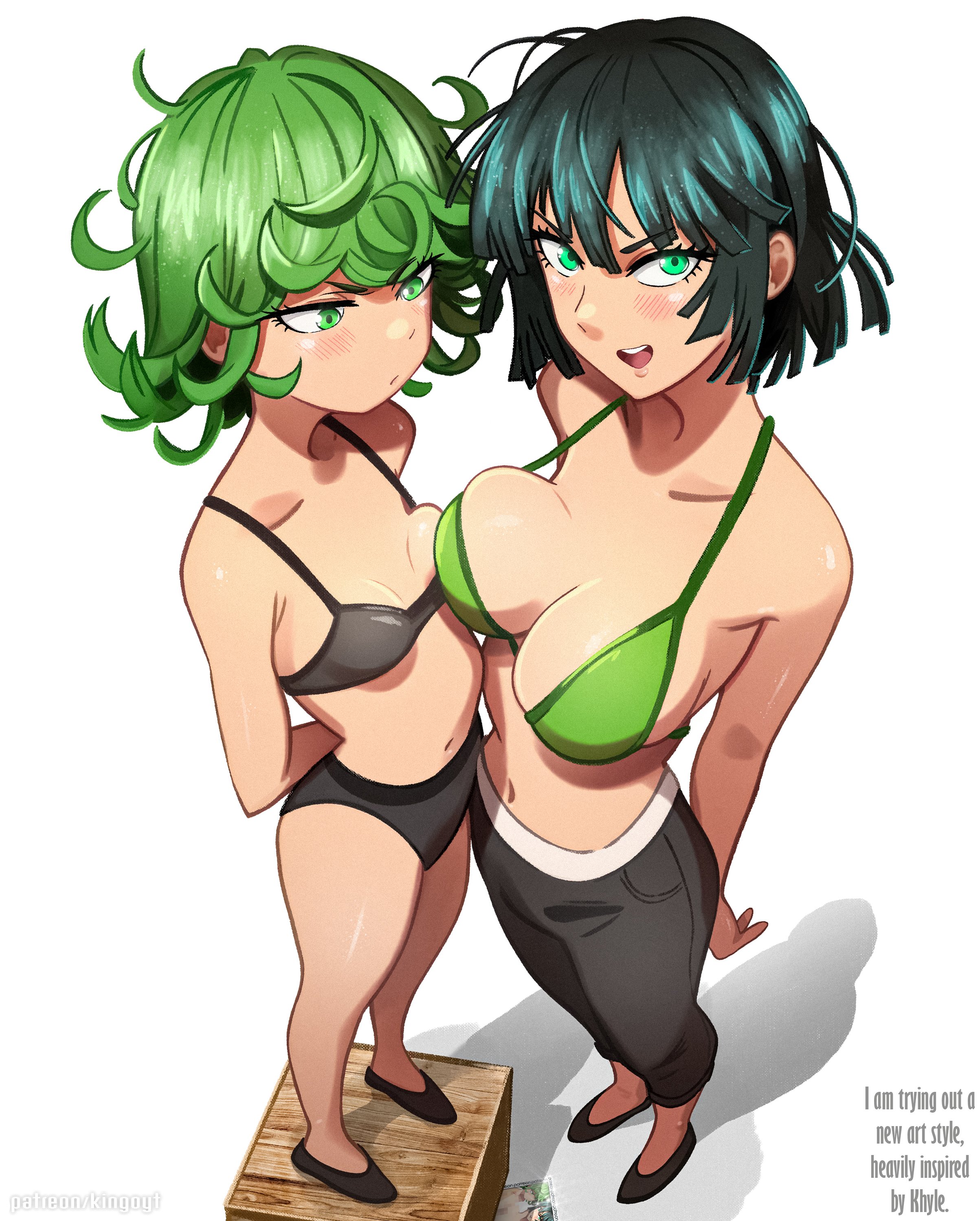 2girls, big breasts, black bikini, breast envy, breast size difference, breasts, breasts comparison, duo, female, female only, flats, fubuki (one-punch man), green bikini, green eyes, green hair, instagram link, large breasts, light skin, light-skinned female, multiple females, multiple girls, no ai, one-punch man, shoes, short hair, sisters, small breasts, stepkingo, tatsumaki, twitter link