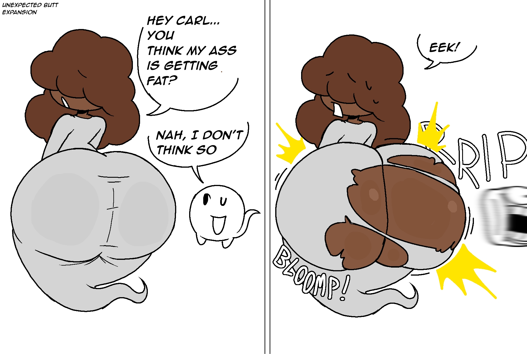1boy, 1girls, 2d, ass, ass bigger than head, ass expansion, ass focus, big ass, black female, butt crack, butt expansion, butt focus, clothing malfunction, dat ass, fat ass, fat butt, female, female focus, ghost, ghost girl, ghost tail, hair covering eyes, huge ass, large ass, male, mrpotato123 , ripping clothing, samantha the ghost (mrpotato123 ), tagme, unexpected, wardrobe malfunction