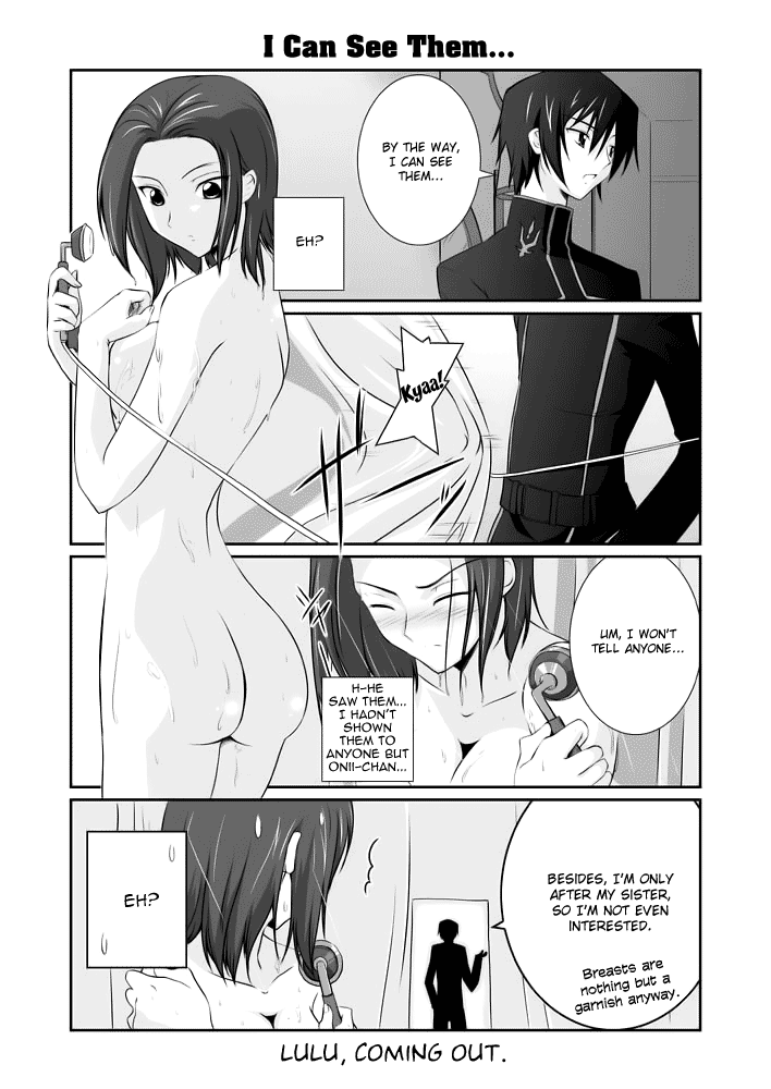 1boy 1girls code_geass comic doujin doujinshi female hard_translated kallen_stadtfeld lelouch_lamperouge male mikage_kishi mikage_takashi monochrome nude phone shower translated