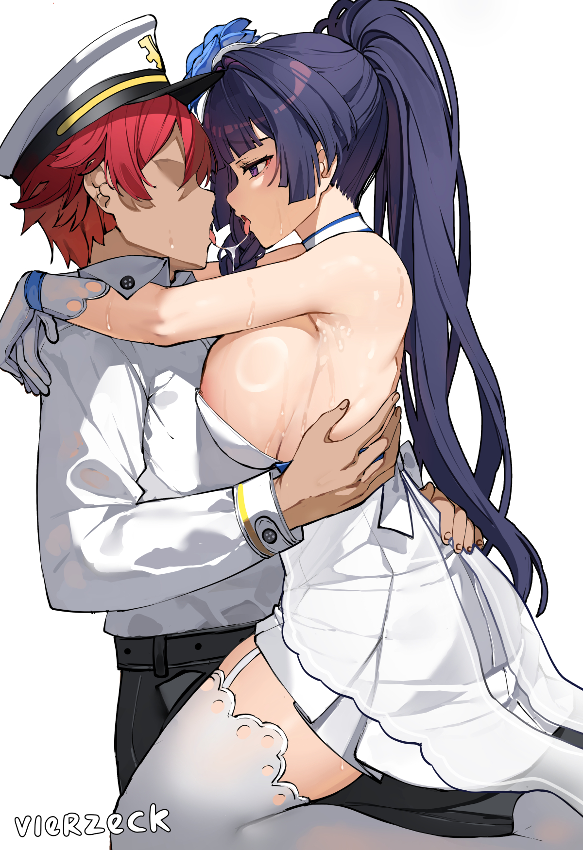 1boy, 1girls, after kiss, artist name, belt, black pants, braid, braided hair, breasts, captain (honkai impact), captain hat, dress, eyeless male, female, garter straps, gloves, hair ornament, hand on back, hat, high ponytail, honkai impact 3rd, large breasts, long hair, looking at another, male, military uniform, open mouth, pants, purple eyes, purple hair, raiden mei, red hair, saliva, saliva string, saliva trail, short hair, sideboob, sitting, sitting on lap, sweat, thighhighs, tongue, tongue out, vierzeck, wedding dress, white background, white dress, white gloves, white thighhighs
