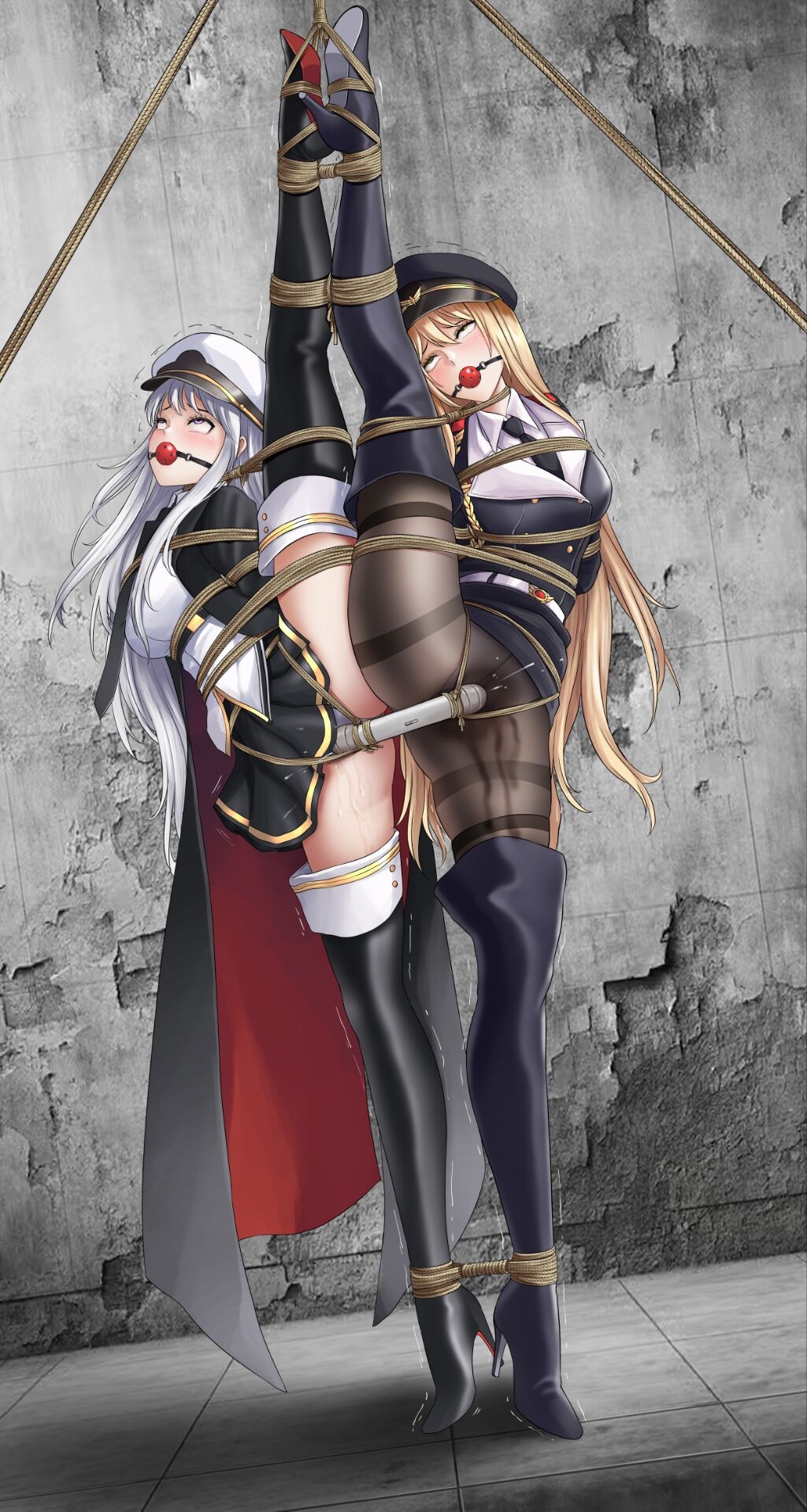 2girls, azur lane, ball gag, bondage, bound, bound ankles, bound together, clothed, enterprise (azur lane), female, female only, femsub, gag, gagged, girls' frontline, helpless, high heels, pussy, pussy juice, rope, standing on one leg, standing split, stg-44 (girls frontline), tagme, trembling, vibrator