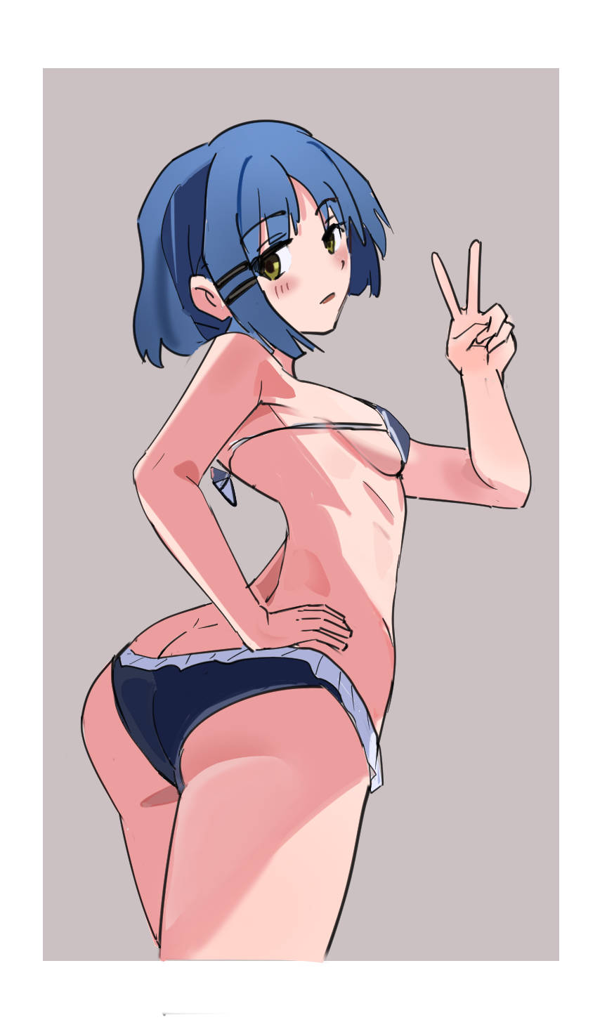 1girls, 2025, ass, bikini, blue bikini, blue hair, bocchi the rock!, breasts, female, frilled bikini, frills, from behind, green eyes, hand on hip, looking at viewer, looking back, short hair, small breasts, standing, tagme, thighs, v sign, wuming-aaa, yamada ryou