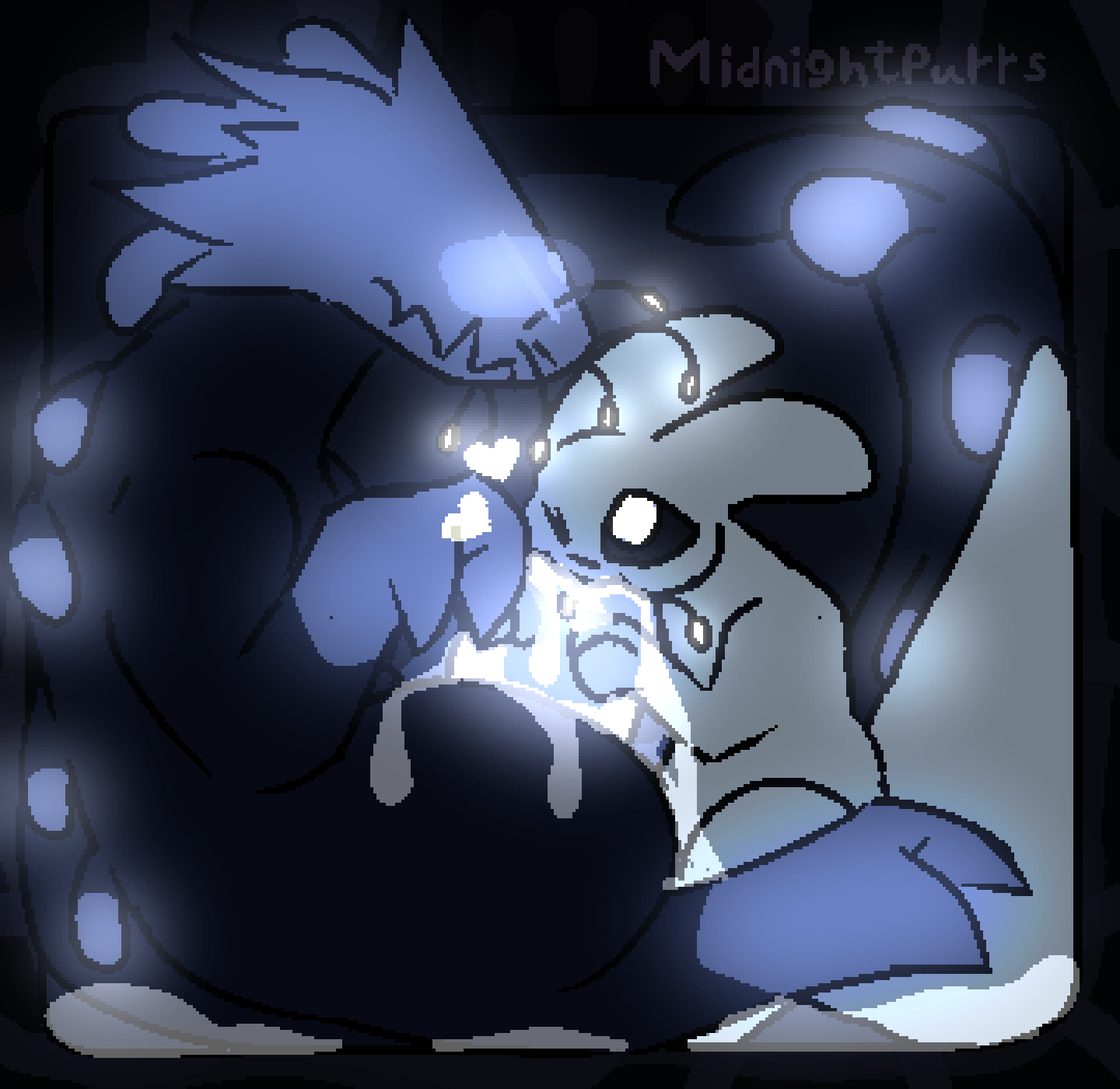 1boy, 2025, ambiguous gender, black body, blowjob, blue markings, blue tail, blush, claws, cum, cum in mouth, cum inside, cum overflow, cyan lizard (rain world), excessive cum, fellatio, feral, glowing, heart, height difference, hi res, interspecies, larger male, lizard, lizard (rain world), looking pleasured, male, male/ambiguous, midnightpurrs, one eye closed, predator/prey, rain world, sitting, size difference, slugcat, survivor (rain world), tail, white body