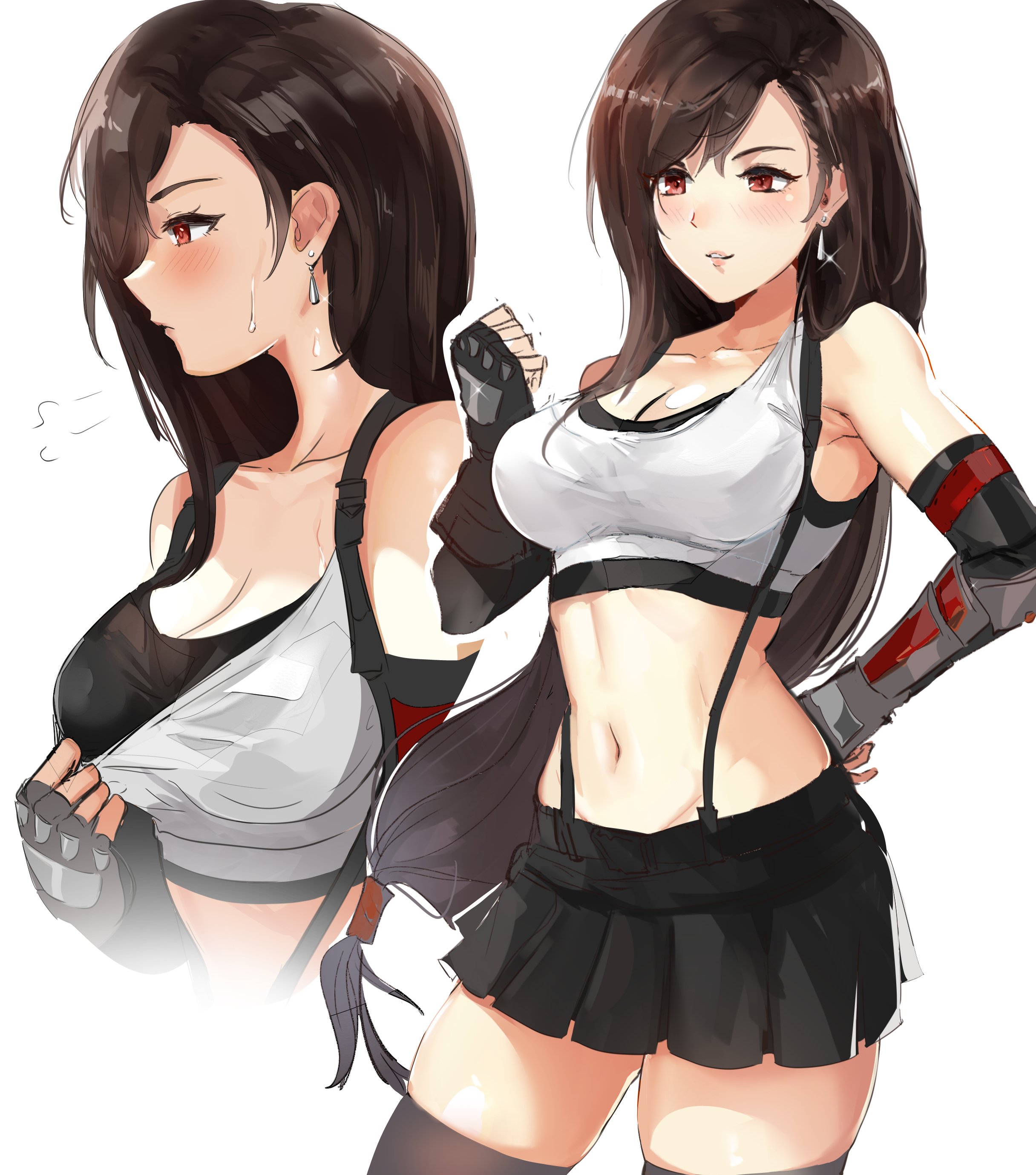 absurdres, bare shoulders, black skirt, black undershirt, blush, breasts, brown eyes, brown hair, cleavage, commentary, earrings, elbow gloves, elbow pads, english commentary, female, female only, final fantasy, final fantasy vii, fingerless gloves, gloves, hand on own hip, highres, jewelry, large breasts, long hair, low-tied long hair, midriff, miniskirt, navel, ormille, parted lips, pleated skirt, shirt, skirt, suspender skirt, suspenders, sweat, tank top, taut clothes, taut shirt, thighhighs, thighs, tifa lockhart