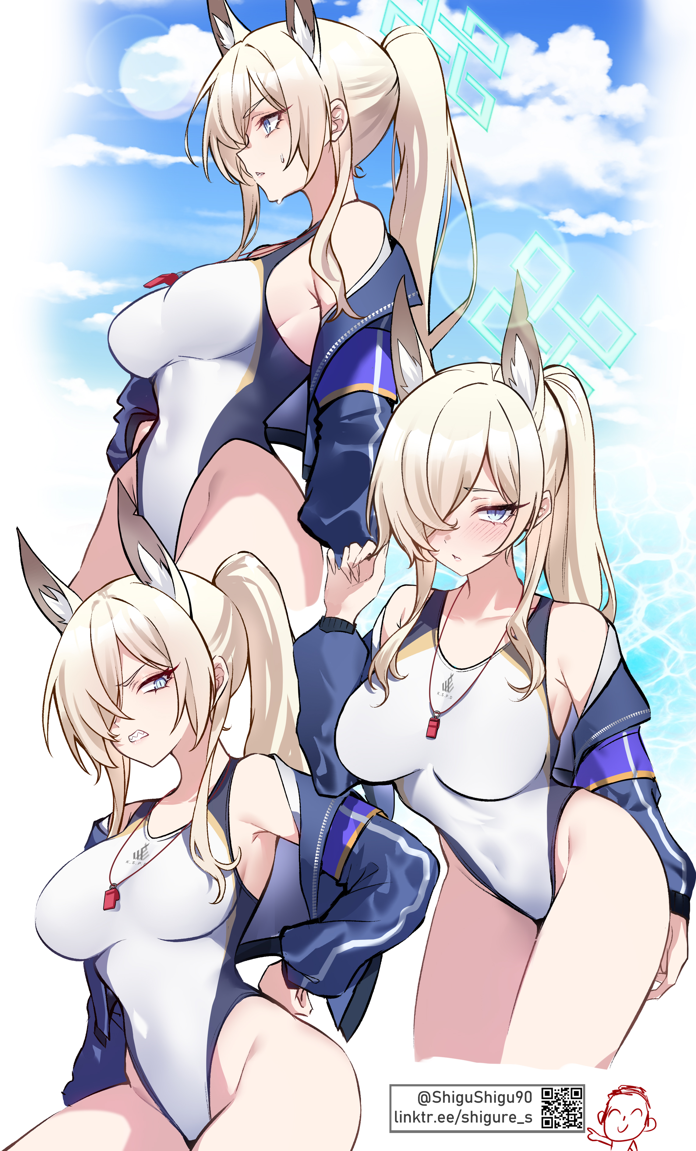 absurdres, animal ear fluff, animal ears, blonde hair, blue archive, blue eyes, blue halo, blue sky, blush, breasts, clenched teeth, cloud, covered navel, day, dog ears, female, female only, glaring, hair over one eye, halo, highres, jacket, kanna (blue archive), kanna (swimsuit) (blue archive), large breasts, lifeguard, multiple views, off shoulder, outdoors, ponytail, sharp teeth, shigure s, sidelocks, sky, slit pupils, teeth, v-shaped eyebrows, whistle, whistle around neck