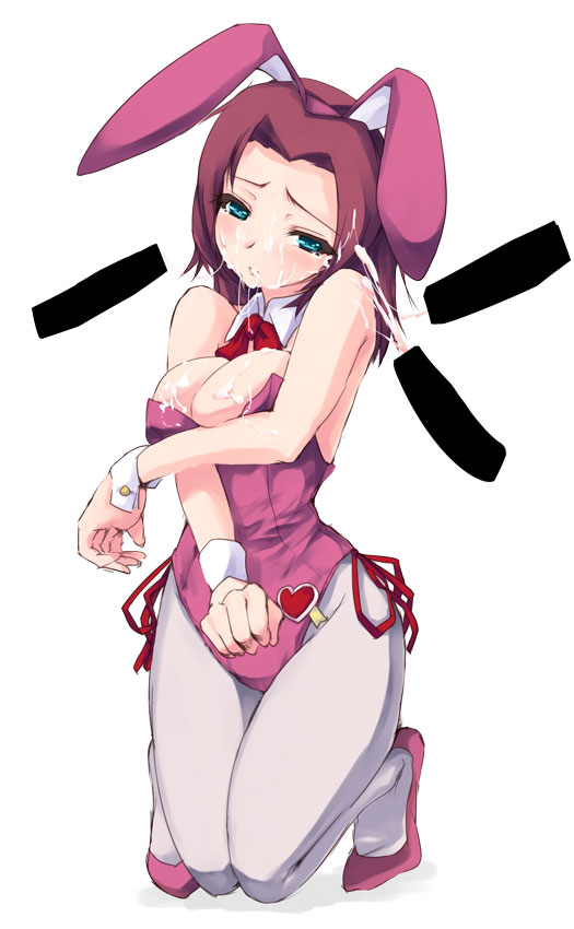 1girls animal_ear blue_eyes blush bow_tie bowtie breasts bunny_ear bunnysuit censored cleavage code_geass cum cum_on_body cum_on_breasts cum_on_chest cum_on_clothes cum_on_hair cum_on_upper_body ejaculation facial female kallen_stadtfeld kneeling leotard long_hair nekohige pantyhose penis phallic pink_legwear pink_pantyhose red_hair short_hair wrist_cuffs