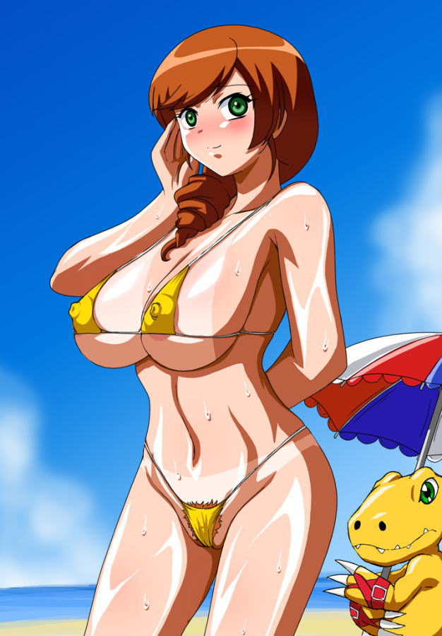 adjusting_hair agumon agumon_(savers) areola areola_slip areolae beach beachside bikini blush breasts brown_hair digimon digimon_savers drill_hair erect_nipples feral green_eyes huge_breasts jpeg_artifacts lowtech-city makino_tomoyasu micro_bikini milf nipple_slip nipples pubic_hair red_hair sayuri_daimon see-through smile sweat swimsuit tan tanline umbrella underboob volvox yellow_swimsuit