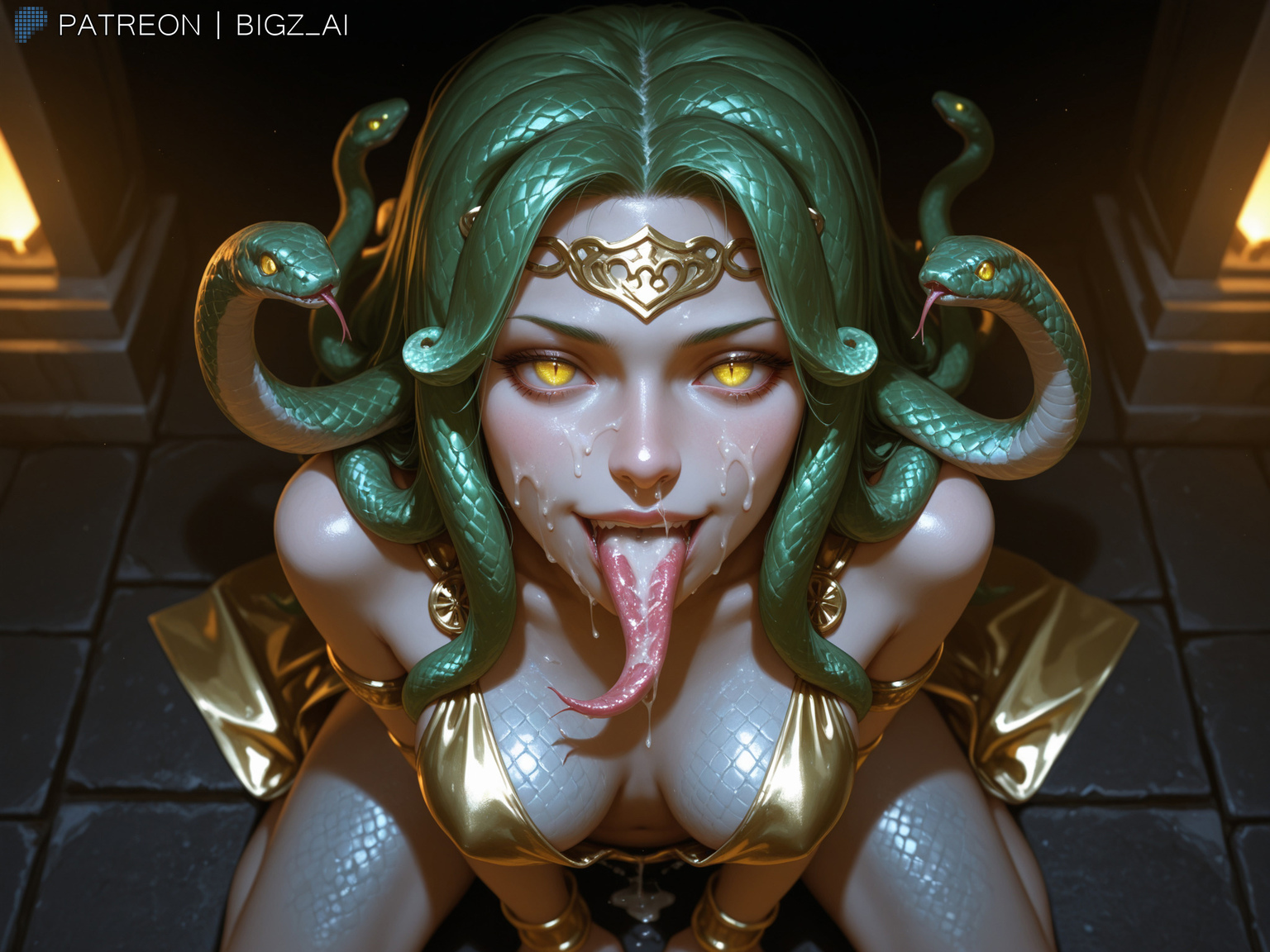 1girls, absurd res, ai generated, big breasts, bigz ai, blowjob, blue skin, bracelet, breasts, cum, cum in mouth, cum inside, cum on face, curvy, curvy figure, dress, fellatio, female, female only, glowing, glowing eyes, golden bikini, greek mythology, green hair, grey skin, high resolution, highres, kneeling, kneeling oral position, large breasts, light skin, light-skinned female, long tongue, looking at viewer, medusa, medusa (greek mythology), monster, monster girl, mythology, oral, oral creampie, snake, snake girl, snake hair, snake tongue, temple, tongue, tongue out, uncensored