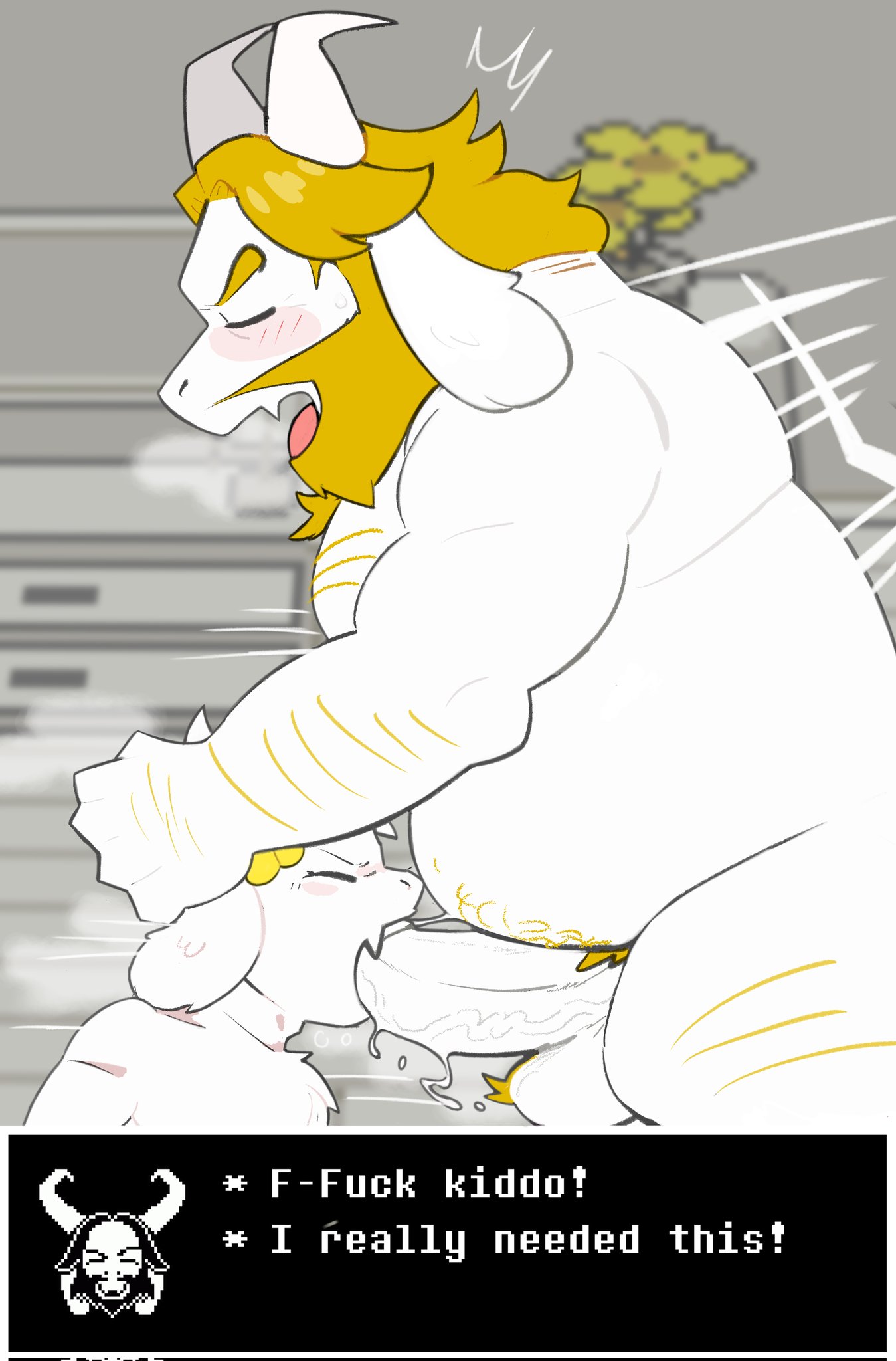 age difference, asgore dreemurr, asriel dreemurr, balls, blonde hair, blowjob, chubby, closed eyes, deltarune, doctorhiruluk, facefuck, father and child, father and son, femboy, flower, flower on head, gay, gay sex, goat, grabbing head, hairy balls, hairy body, holding head, incest, kneeling, male, mature male, sex, side view, size difference, standing, standing sex, undertale, undertale (series)