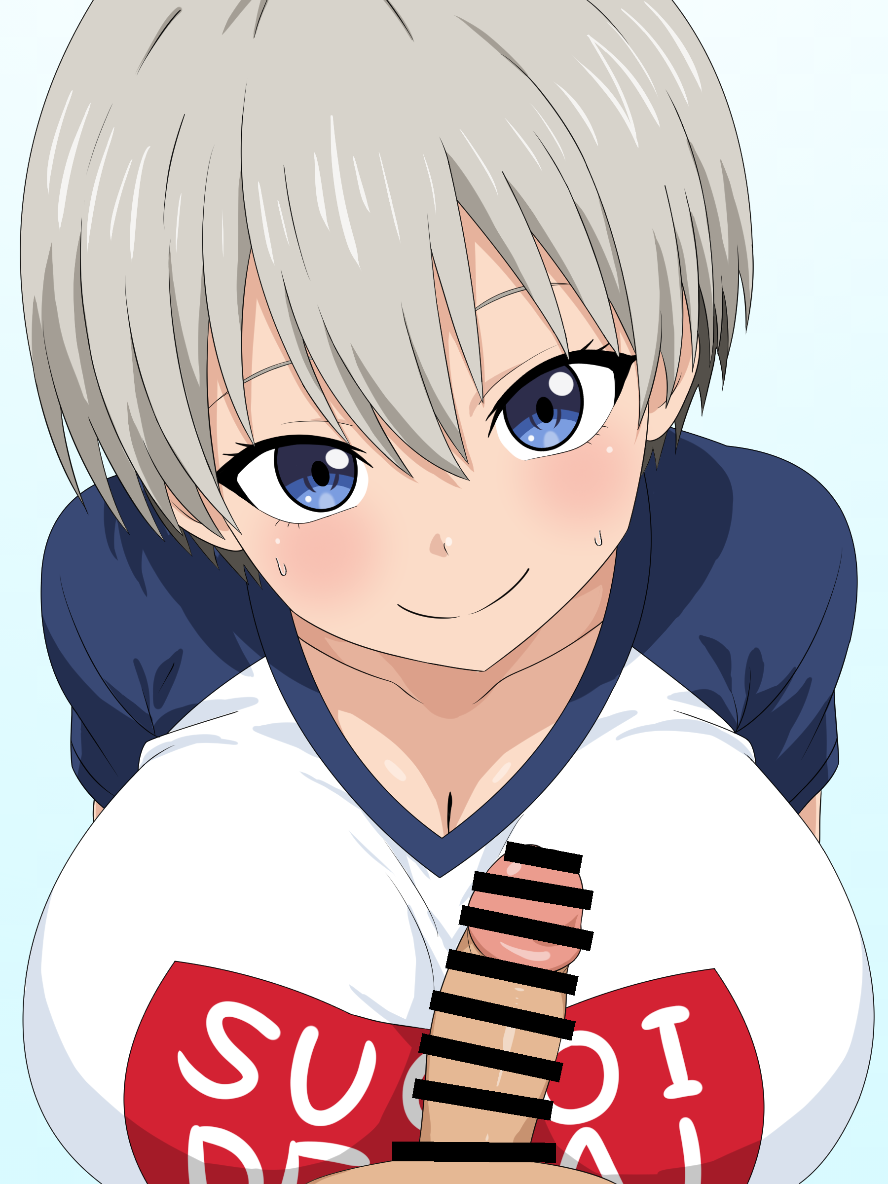 1boy, 1girls, average sized penis, bar censor, blue eyes, blush, breasts, censored, cleavage, clothed female nude male, curved to the right penis, female, gray hair, large breasts, male, male pov, migikoba, penis, pov, small penis adoration, smile, sugoi dekai, uzaki hana, uzaki-chan wa asobitai!