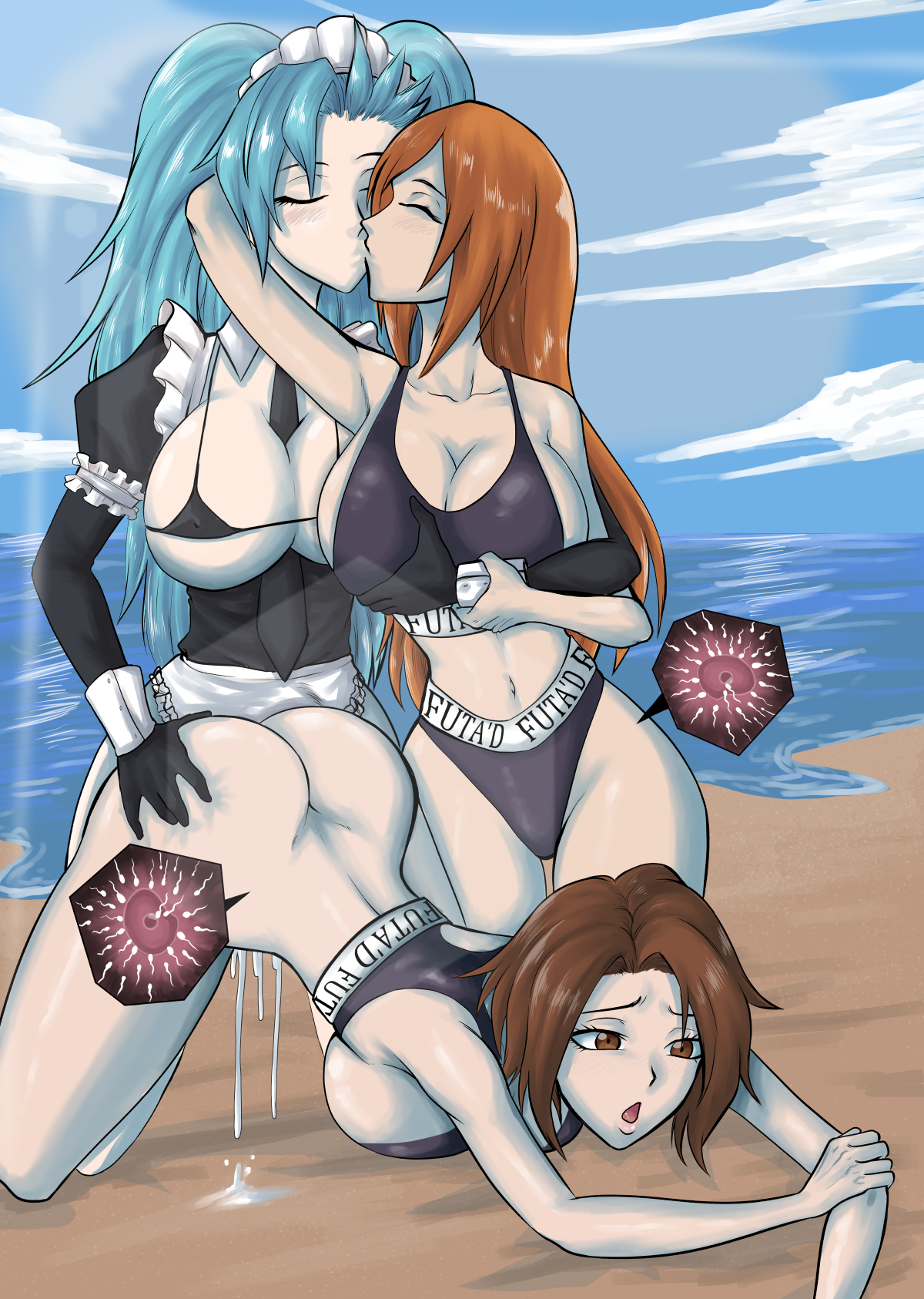 1futa, 2girls, aima zero, akeno (itsnafulol), ass, ass grab, balls, big ass, big breasts, bleach, breasts, brown hair, censored, censored penis, cheating, cheating girlfriend, closed eyes, clothed, clothed female, clothed futa, clothed sex, clothing, cucked by futa, cuckold, cuckolding, cum, cum in pussy, cum inside, deep penetration, doggy style, female, fff threesome, futa on female, futa/female, futa'd, futaed clothing, futanari, grabbing, grabbing another's ass, grabbing ass, grabbing from behind, green hair, hair ornament, headdress, huge ass, huge breasts, huge cock, impregnation, inoue orihime, intersex, ki, kissing, kurosaki masaki, light-skinned female, light-skinned futa, maid, maid headdress, maid outfit, maid uniform, mosaic censoring, multiple females, multiple girls, netorare, orange hair, ovum, penetration, penis, pussy, sex, sex from behind, testicles, threesome, top-down bottom-up, vaginal insertion, vaginal penetration, vaginal sex