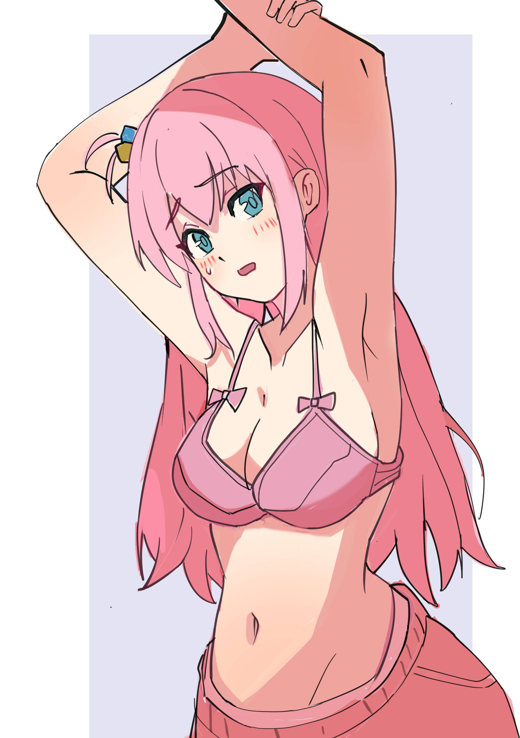 1girls, 2025, armpits, arms up, blue eyes, blush, bocchi the rock!, bow bra, bra, female, gotou hitori, hair ornament, long hair, looking at viewer, navel, pink bra, pink hair, standing, sweat, sweatdrop, sweatpants, tagme, wuming-aaa
