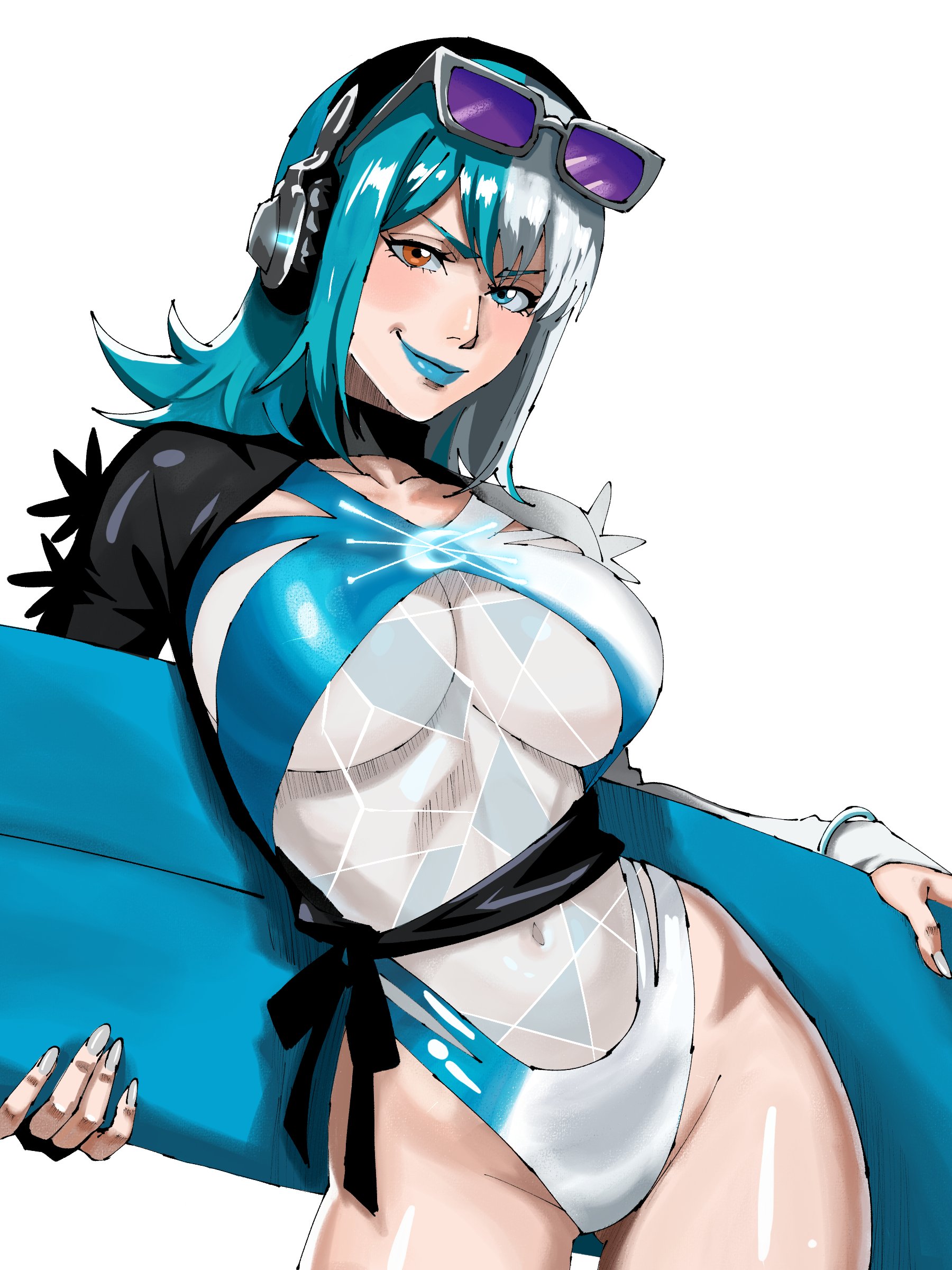 absurdres, blue eyes, blue hair, breasts, cleavage, eyewear on head, female, female only, grey nails, heterochromia, highres, large breasts, long hair, looking at viewer, lorna12155671, luna snow, luna snow (cool summer), luna snow (marvel rivals), marvel, marvel comics, marvel rivals, multicolored hair, nail polish, one-piece swimsuit, smile, split-color hair, sunglasses, swimsuit, two-tone hair, white hair