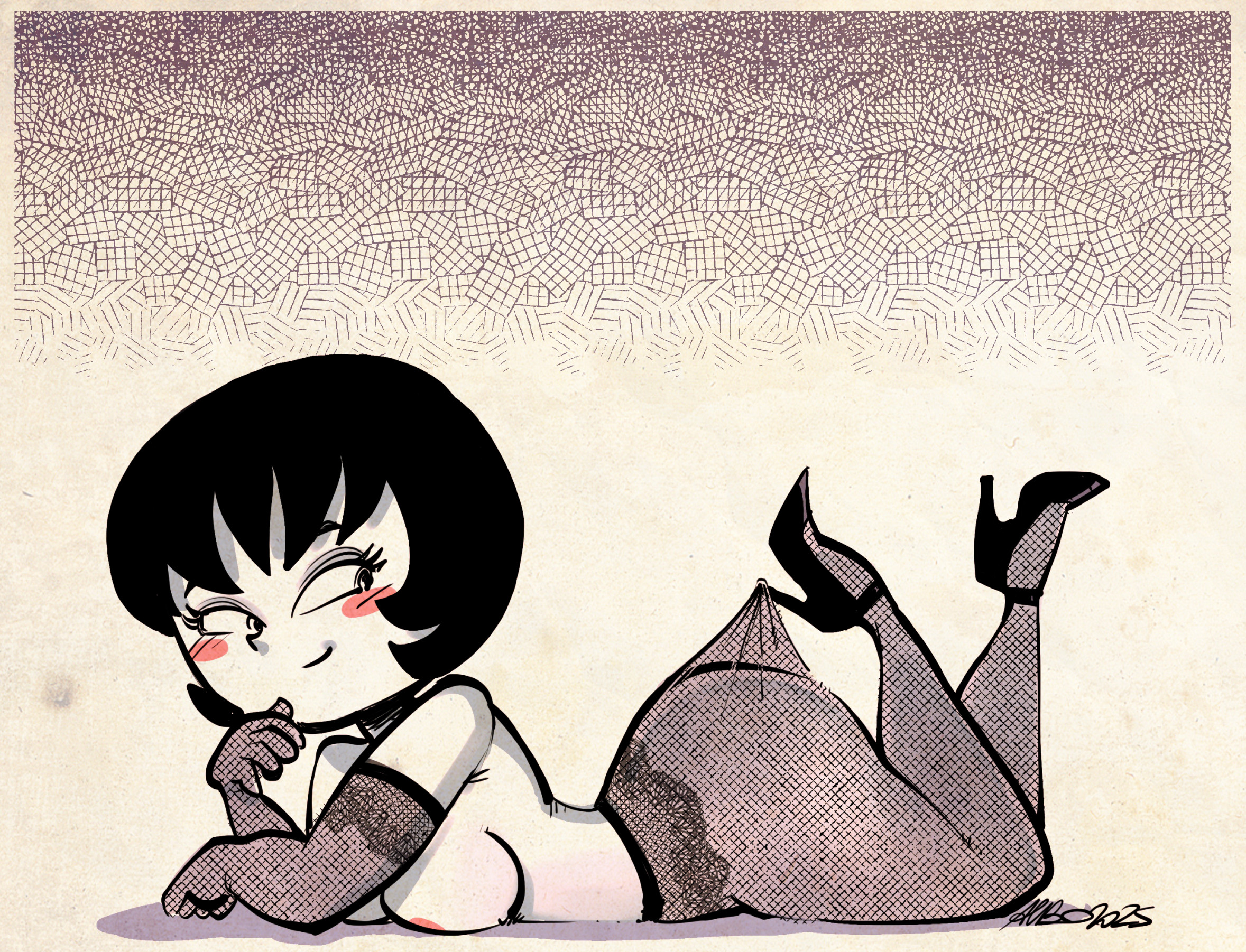 1950s, 1girls, 2d, 2d (artwork), absurd res, absurd resolution, absurdres, albo, alternate version available, areola, areola peek, areolae, areolae peeking, armwear, bare breasts, big ass, big breasts, black eyes, black hair, blush, blush stickers, breasts, curvaceous, curvy, curvy female, curvy figure, exposed breasts, female, female only, gloves, gradient background, heels, hi res, high heels, high resolution, highres, huge ass, jucika, jucika (comic), lace gloves, lace pantyhose, lace pantyhose hooked on heel (meme), large ass, large breasts, laying, laying down, laying on stomach, light skin, light-skinned female, long gloves, looking back, lying, lying down, lying on stomach, medium breasts, no bra, on stomach, pantyhose, pantyhose pull, pusztai pál, seductive, seductive pose, short hair, sideass, simple background, smile, smiling, solo, solo female, suggestive, suggestive pose, tagme, thick thighs, thighs, topless, topless female, voluptuous, voluptuous female, white body, white skin