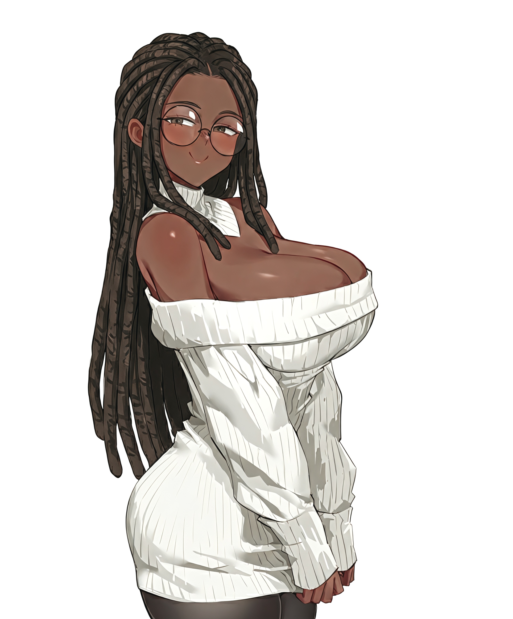 1girls, african female, ai generated, big breasts, black woman, blushing, blushing at viewer, brown eyes, brown hair, circular glasses, cleavage, dark skin, dark-skinned female, dreadlocks, female, female only, glasses, huge breasts, long hair, looking at viewer, original, original character, smiling, smiling at viewer, solo, solo female, sweater
