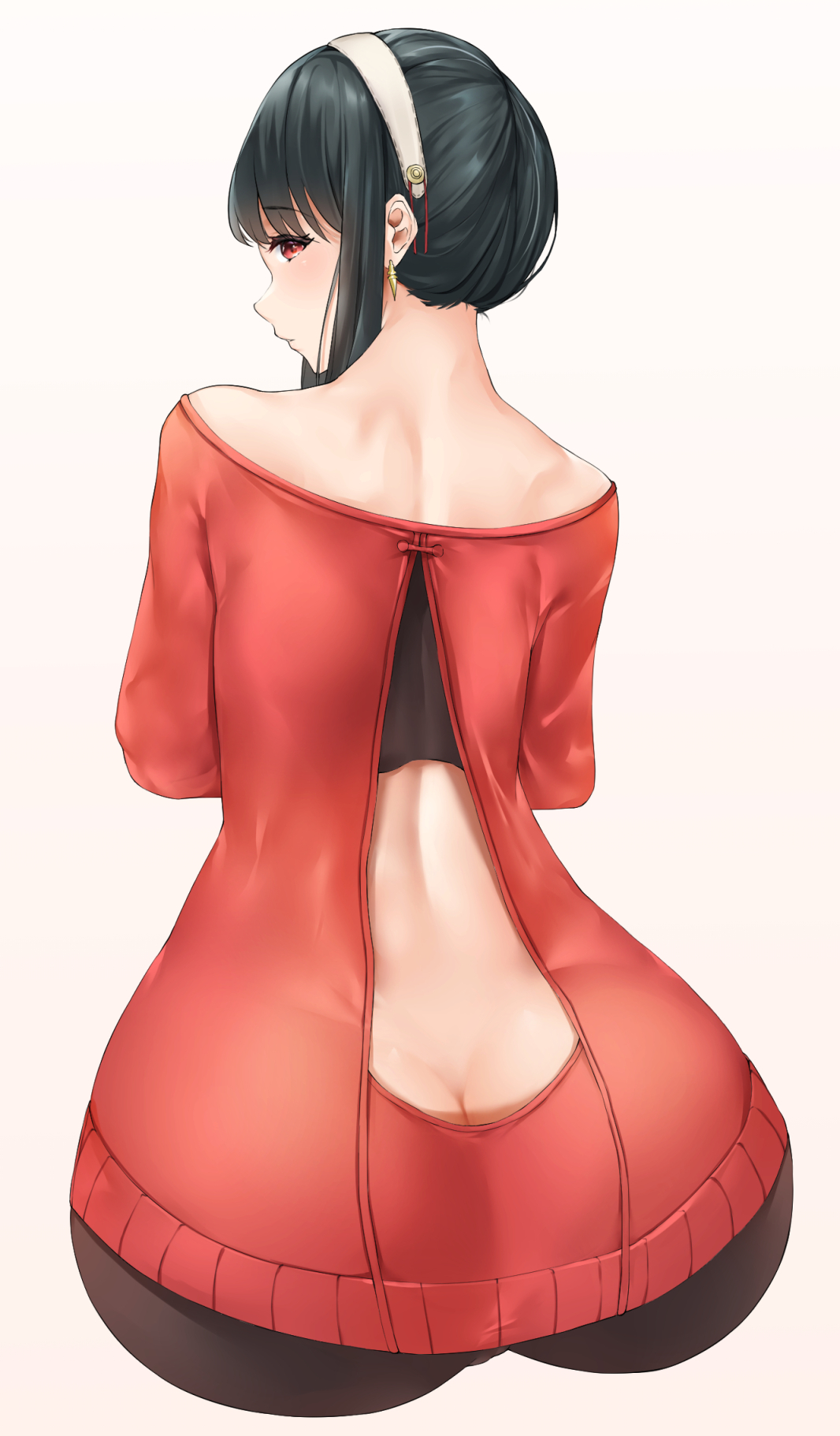 ass, back, back cutout, backless outfit, bare shoulders, black hair, black pantyhose, butt crack, clothing cutout, earrings, female, female only, from behind, highres, jewelry, looking at viewer, looking back, pantyhose, red eyes, red sweater, sidelocks, sitting, solo, spy x family, sweater, yor briar, yor forger, zah takara