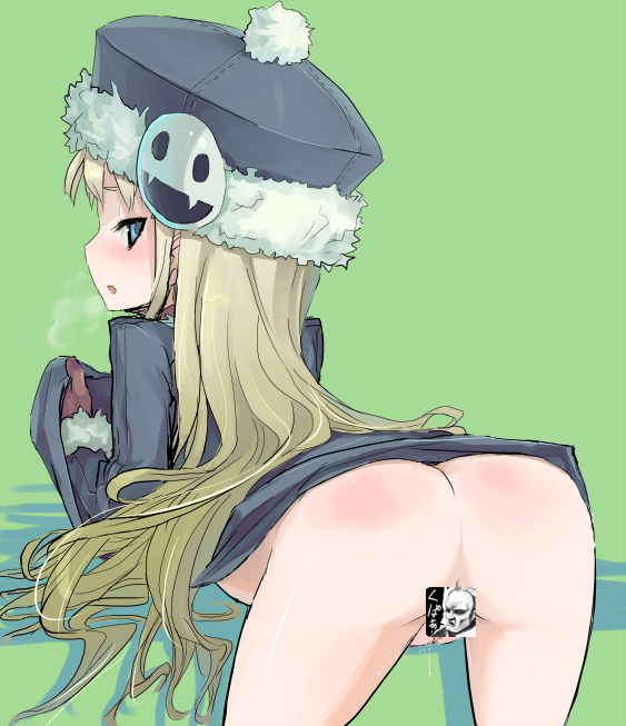 bent_over blonde_hair bottomless censored character_censor clothing datsuryokugen etrian_odyssey gunner hat long_hair no_panties novelty_censor sekaiju_no_meikyuu ume_(datsuryokugen)