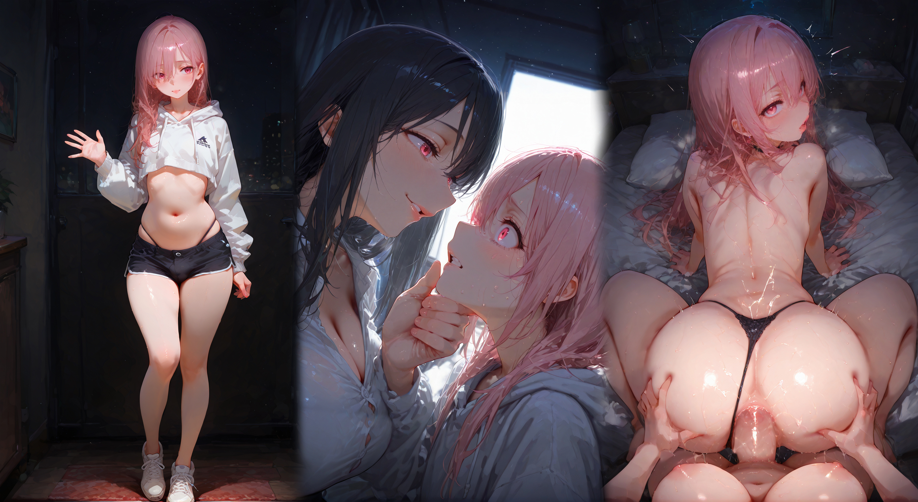1boy, 1femboy, 1futa, ai generated, anal, anal sex, areolae, ass, ass grab, balls, black hair, breasts, chin grab, cleavage, crop top, doggy style, ejaculation, ejaculation while penetrated, eyes rolling back, femboy, feminine male, futa on femboy, futa on male, futa pov, futadom, futanari, hand on chin, hannai, hip grab, hoodie, intersex, looking at viewer, looking back, looking back at viewer, male, malesub, moaning, multiple views, night, otoko no ko, pink eyes, pink hair, pov, scared, sex from behind, shocked, shocked expression, shorts, shy, testicles, thighs, thong, thong aside, tongue out, trap, waving, waving at viewer, white hoodie