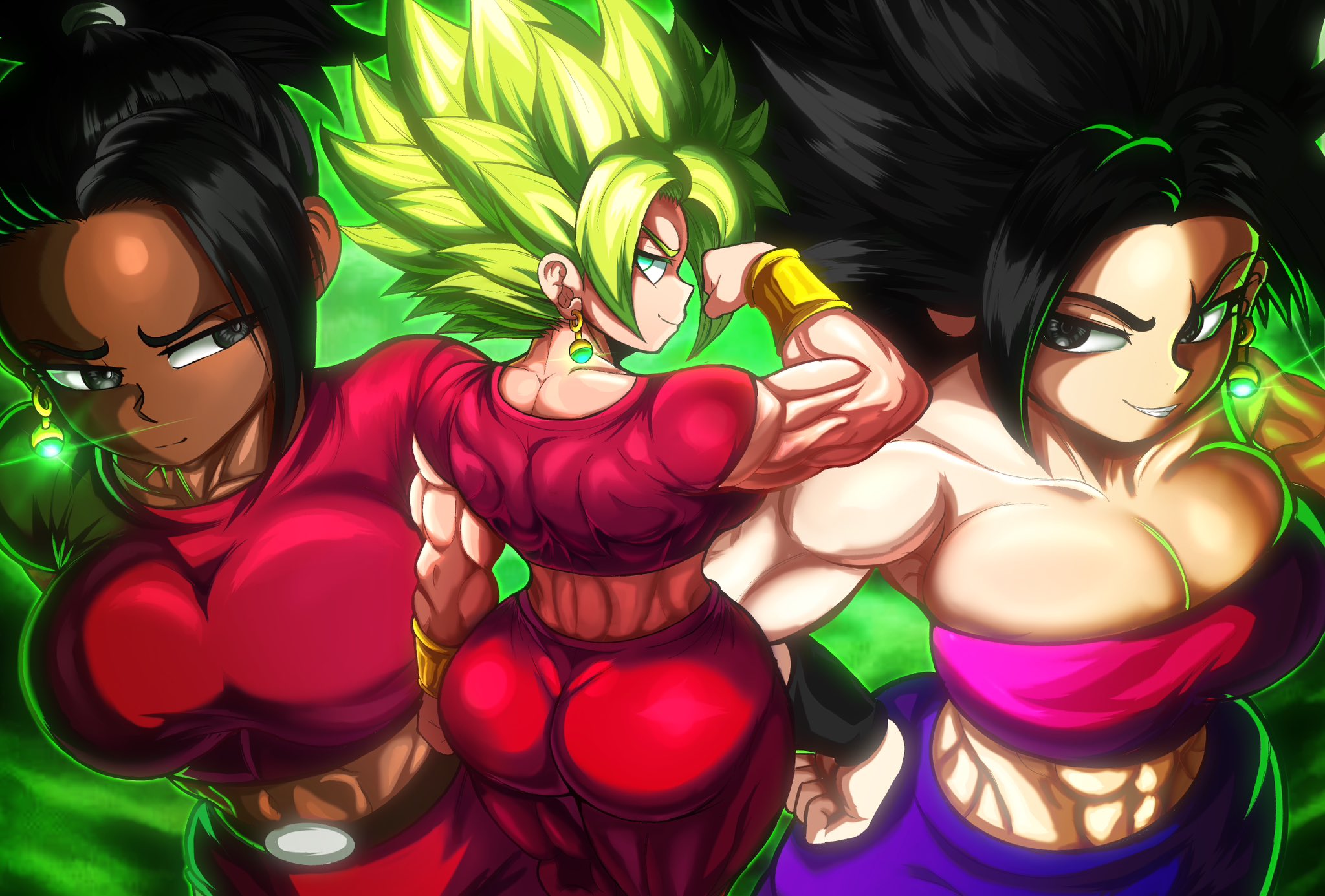 2d, 3girls, abs, alternate version available, ass, back view, big ass, big breasts, big butt, black eyes, black hair, bracelet, breasts, busty, caulifla, cleavage, color, curvaceous, curvy, curvy female, curvy figure, dark skin, dark-skinned female, dragon ball, dragon ball super, duo, earring, earrings, fat ass, female, female only, flexing, flexing bicep, front view, full color, fusion, green eyes, green hair, hand on hip, hi res, high resolution, highres, huge ass, huge breasts, huge butt, kale, kefla, kefla (dragon ball), kwalker1009, large ass, large breasts, large tits, leggings, light skin, light-skinned female, looking back, multiple females, multiple girls, muscles, muscular, muscular arms, muscular back, muscular body, muscular female, muscular thighs, nervous, non-nude, pose, posing, potara earrings, rear view, shounen jump, smirk, spiky hair, super saiyan, tagme, thick ass, tubetop, voluptuous, voluptuous female