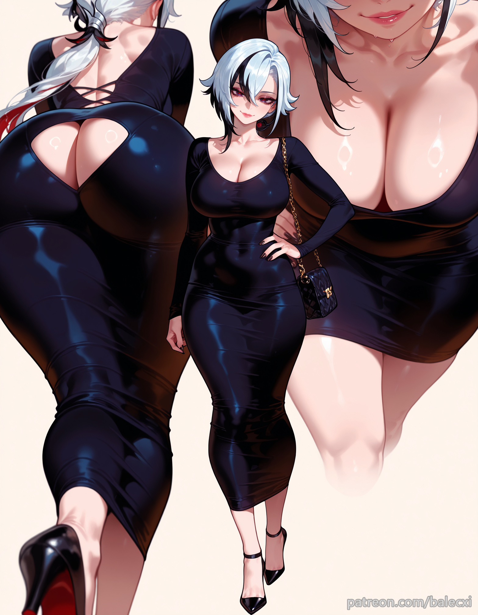 ai generated, arlecchino (genshin impact), ass, ass cutout, ass focus, bag, balecxi, black dress, black footwear, black hair, black nails, breasts, butt crack, cleavage, clothing cutout, covered navel, female, genshin impact, hand on own hip, high heels, large breasts, leaning forward, long hair, long sleeves, looking at viewer, meme attire, multicolored hair, multiple views, parted lips, patreon username, shoulder bag, smile, streaked hair, thighs, tight clothes, tight dress, two-tone hair, white hair, x-shaped pupils