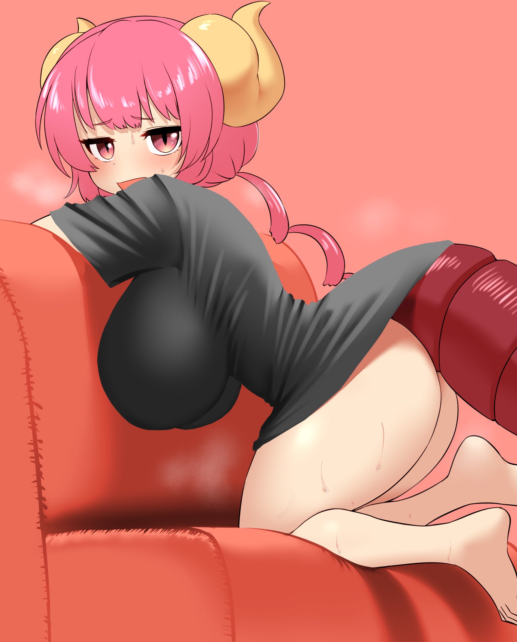 barefoot, black shirt, breasts, commentary, couch, curled horns, dragon girl, dragon horns, dragon tail, female, female only, from side, furrowed brow, hanging breasts, highres, horns, huge breasts, ilulu (maidragon), impossible clothes, impossible shirt, kobayashi-san chi no maidragon, light blush, long hair, looking at viewer, naked shirt, no panties, on couch, open mouth, pero (pero7762), red background, red eyes, red hair, shirt, slit pupils, solo, sweat, tail, twintails, yellow horns