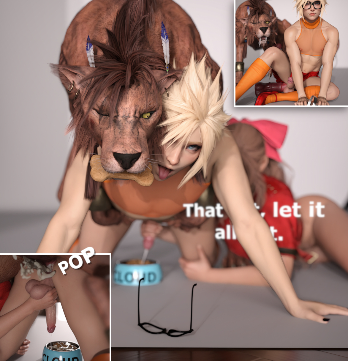 1boy, 1girls, 3d, aerith gainsborough, anal, anal insertion, anal sex, balls, blonde hair, cloud strife, crossdressing, cum, cum in ass, cum inside, cum on food, doggy style, domination, equine dildo, erection, facing viewer, female, feral, feral on human, feral on male, final fantasy, food bowl, gay, glasses, handjob, hdregrets, heels, horsecock, horsecock dildo, knotting, male, midriff, milking, milking cum, milking handjob, on all fours, orgasm, penis, red xiii, skirt, socks, stomach bulge, testicles, toned, turtleneck, twink, yaoi, zoophilia