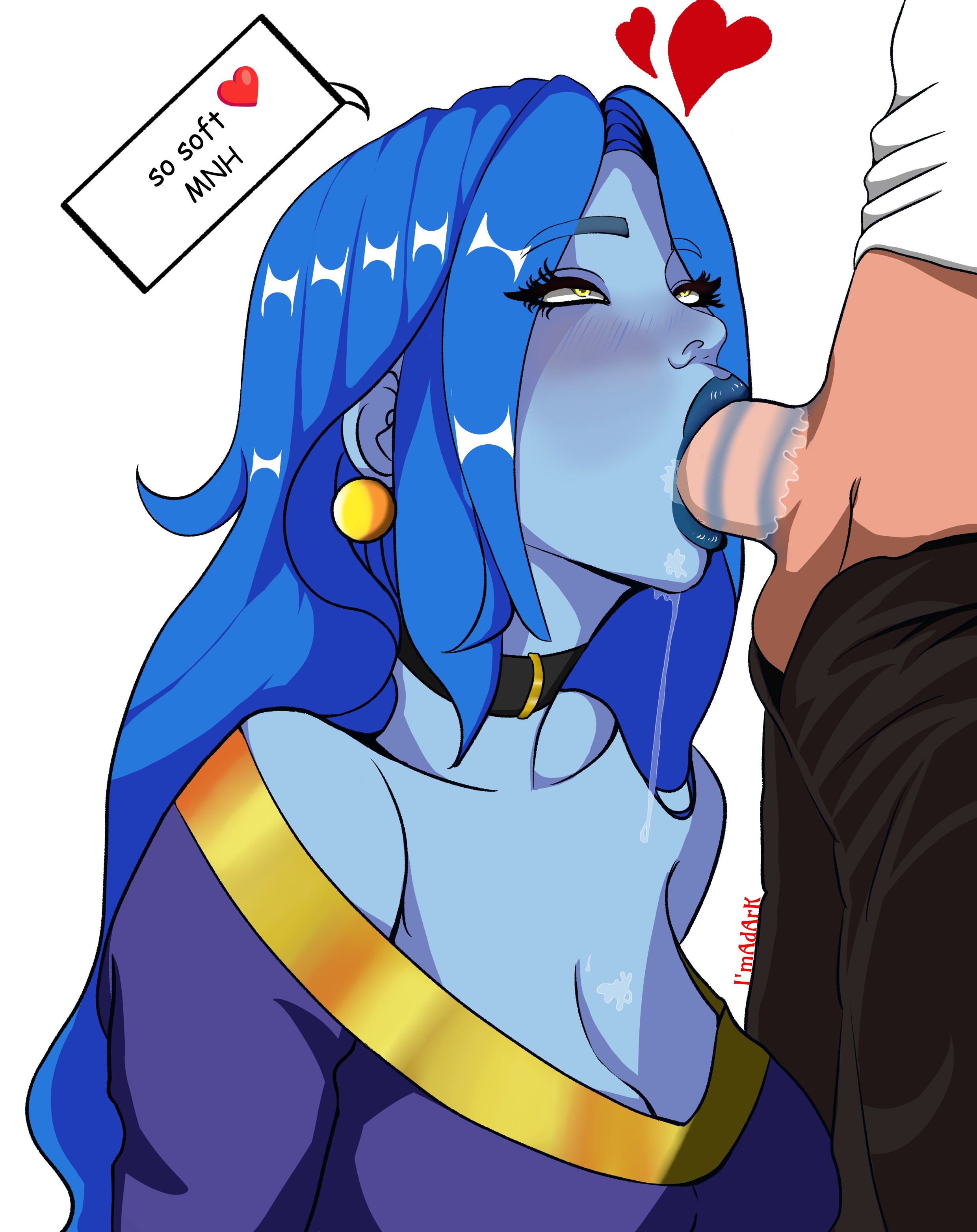 1boy, 1girls, ahe gao, big breasts, black choker, blowjob, blue lipstick, blue skin, blue-haired, blue-skinned, breasts, choker, cleavage, close-up, clothed, clothed sex, deepthroat, dress, drooling, earrings, ecstasy, eyebrows, eyelashes, eyes rolling back, fanart, fellatio, female, gold accents, gold earrings, hair, heart, hearts floating, jewelry, light blue hair, light blue skin, light-skinned male, lips, lipstick mark, lipstick mark on penis, lipstick on penis, lipstick ring, long, looking up, makeup, male, neckline, off shoulder, onlywaifu, oral, penis, penis in mouth, pleasure face, saliva, saliva on breasts, saliva trail, straight, strap slip, text, white background, yellow eyes